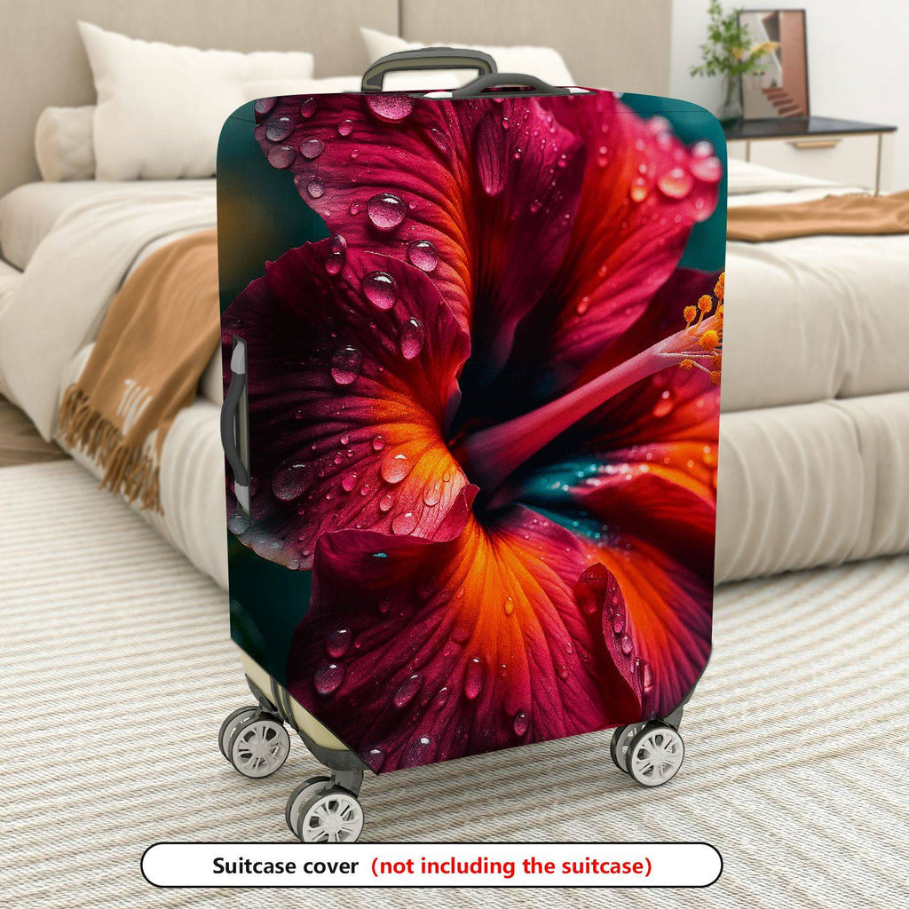 1-Piece Floral Water Droplets Red Hibiscus Vibrant Exotic  Suitcase Luggage Cover, Stretch Protective Sleeve