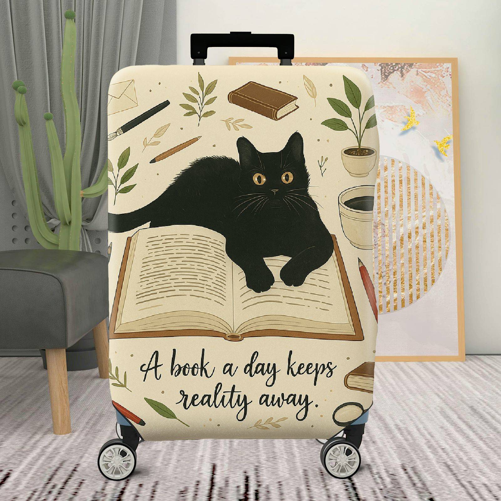 1-Piece Black Cat Book Plant Coffee Pen Artistic Vintage  Suitcase Luggage Cover, Stretch Protective Sleeve