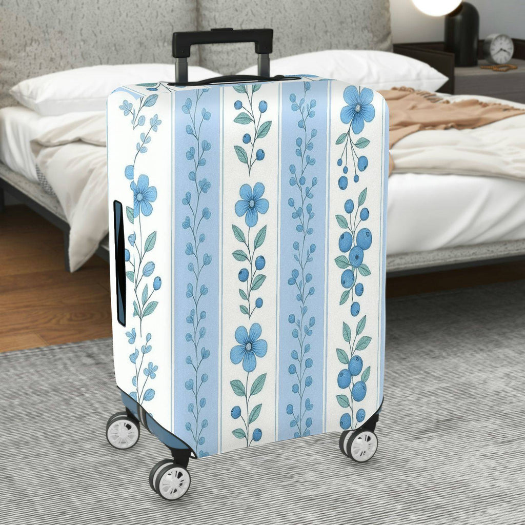 1-Piece Blue Floral Pattern Vertical Line Berry Leaf  Suitcase Luggage Cover, Stretch Protective Sleeve