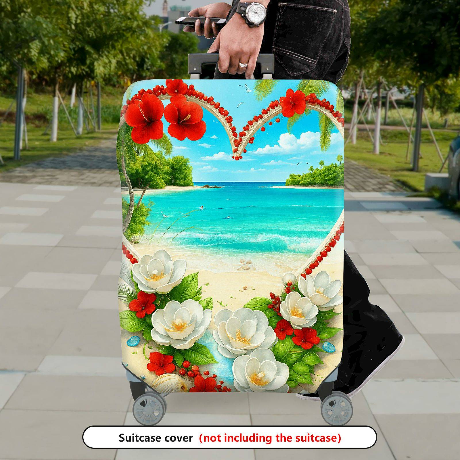 1-Piece Beach Floral Heart Tropical Paradise Colorful  Suitcase Luggage Cover, Stretch Protective Sleeve