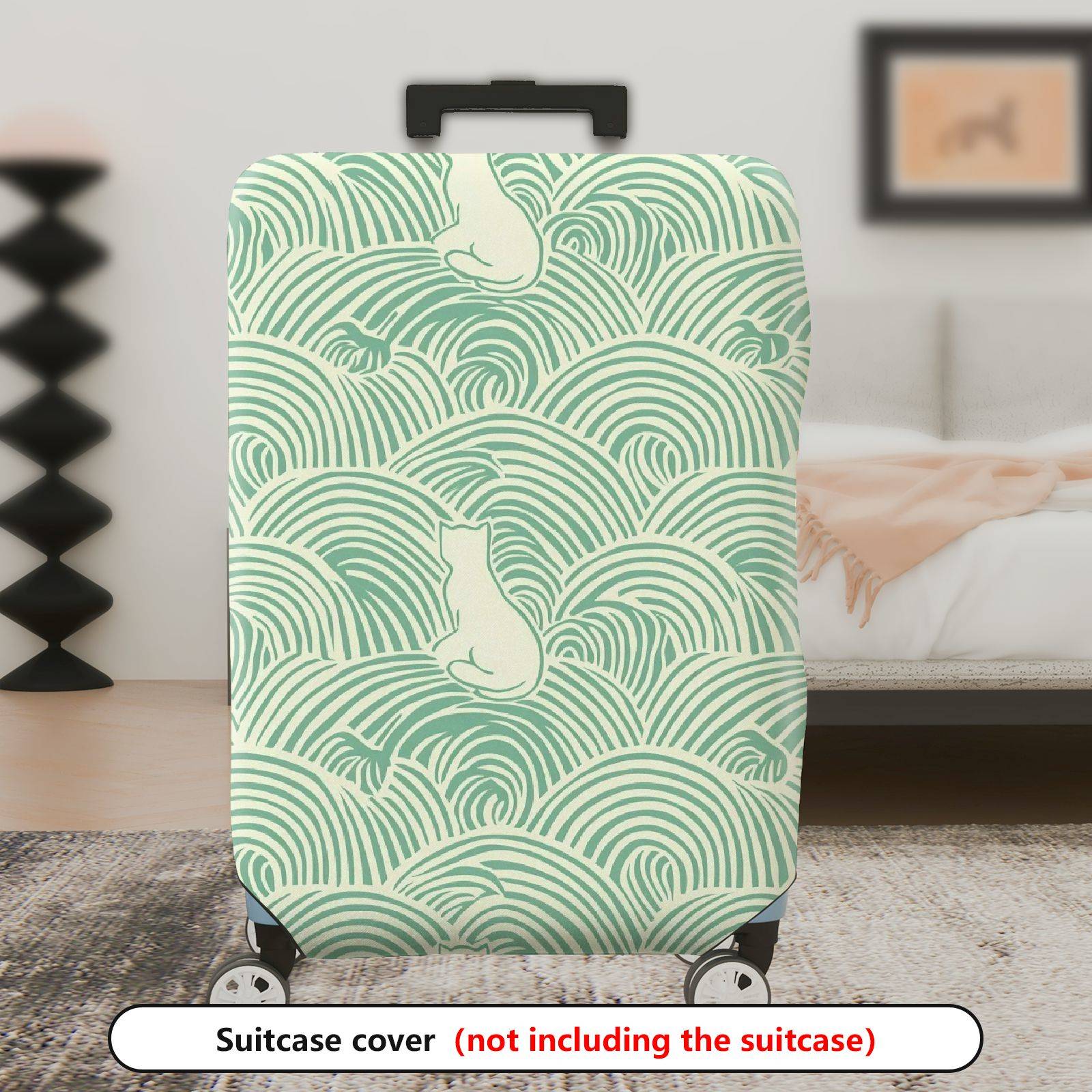 1-Piece Wave Cat Pattern Green Minimalist Artistic Cute Elegant  Suitcase Luggage Cover, Stretch Protective Sleeve