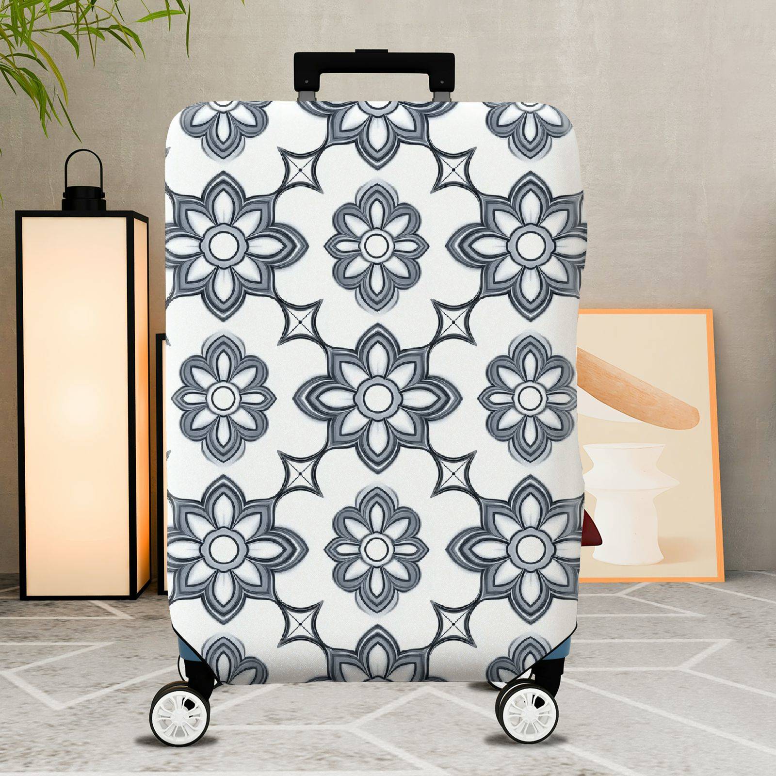 1-Piece Floral Pattern Geometric Black and White Elegant Artistic  Suitcase Luggage Cover, Stretch Protective Sleeve