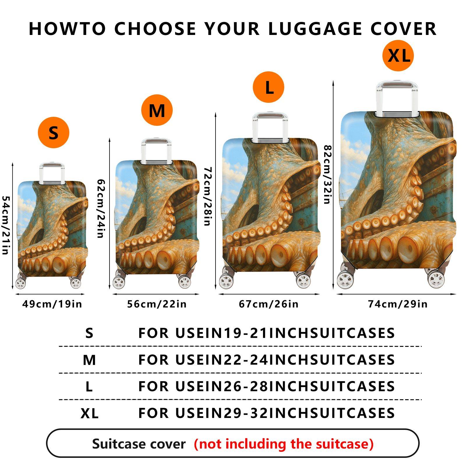 1-Piece Octopus Nautical Artistic Vibrant Unique Marine  Suitcase Luggage Cover, Stretch Protective Sleeve