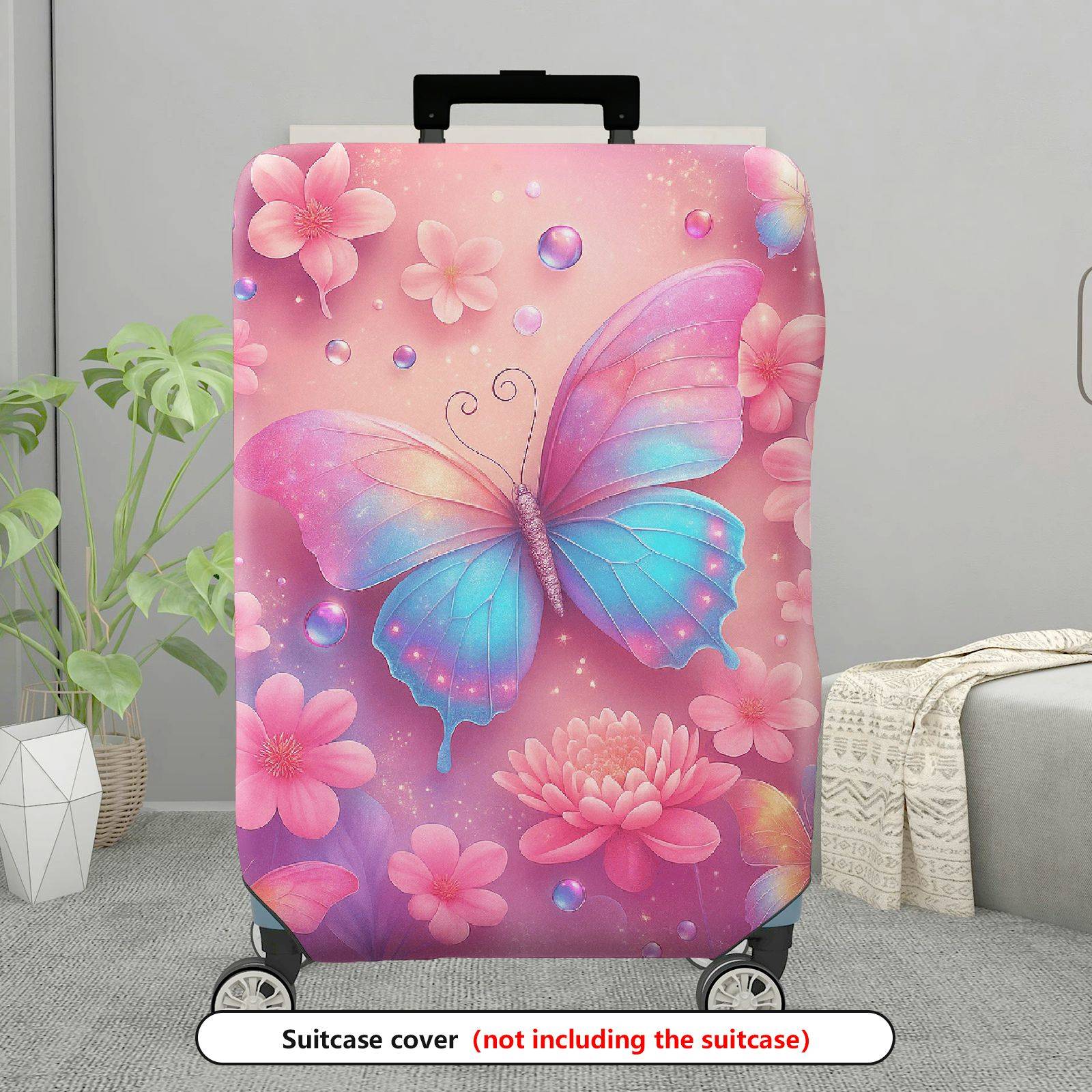 1-Piece Colorful Butterfly Floral Shimmer Watercolor Fantasy  Suitcase Luggage Cover, Stretch Protective Sleeve