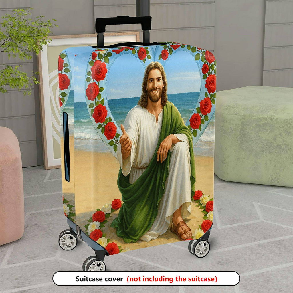 1-Piece Beach Religious Rose Heart Floral Biblical  Suitcase Luggage Cover, Stretch Protective Sleeve