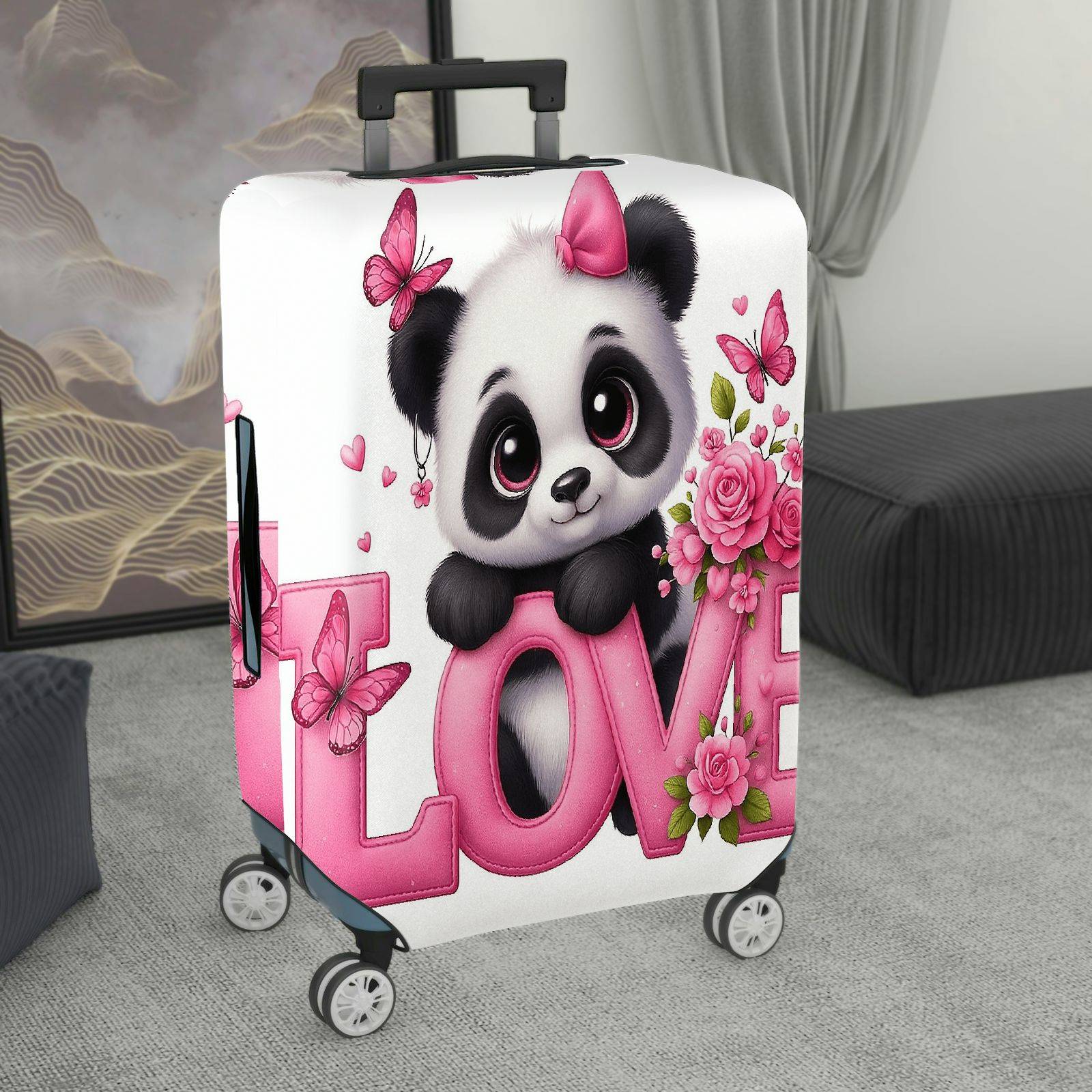 1-Piece Cute Panda Flower Love Butterfly Pink  Suitcase Luggage Cover, Stretch Protective Sleeve