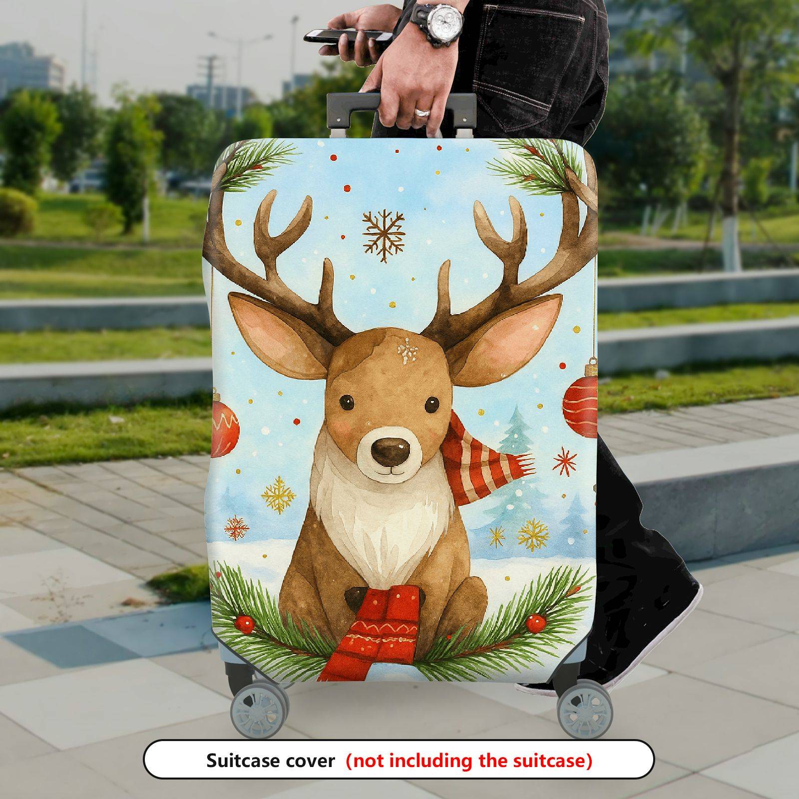 1-Piece Reindeer Winter Snowflakes Ornaments Holiday  Suitcase Luggage Cover, Stretch Protective Sleeve