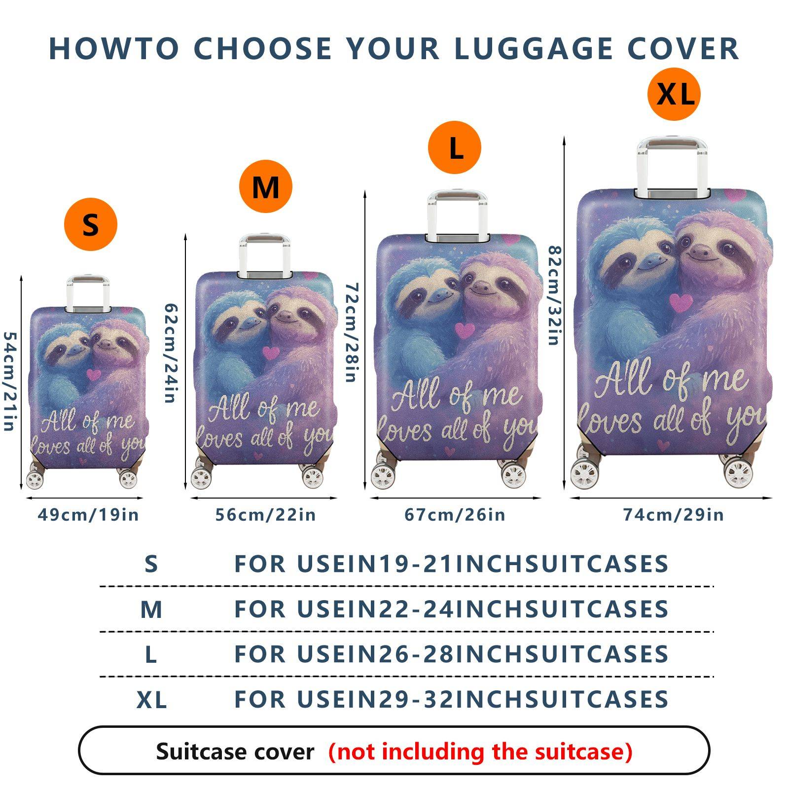 1-Piece Cute Romantic Sloth Heart Love Travel  Suitcase Luggage Cover, Stretch Protective Sleeve