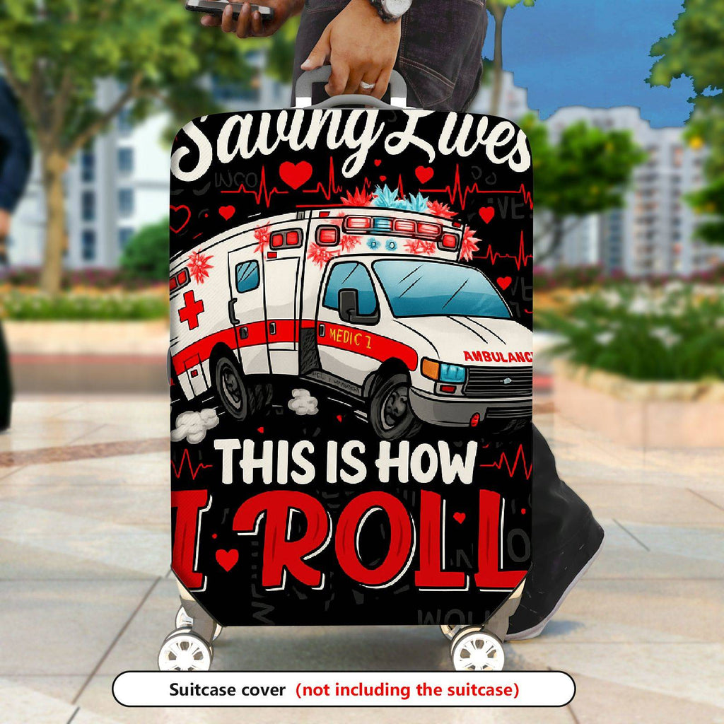 1-Piece Ambulance Saving Lives Heart EKG Emergency Red  Suitcase Luggage Cover, Stretch Protective Sleeve