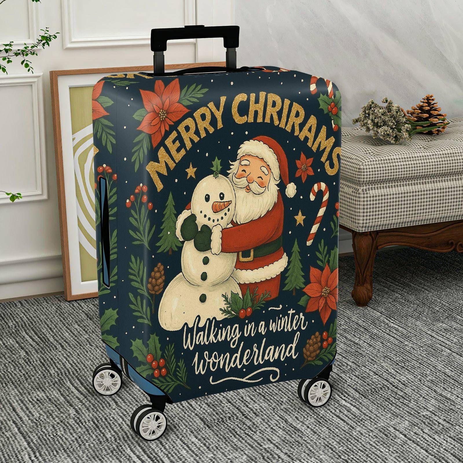 1-Piece Santa Snowman Christmas Winter Wonderland Holiday  Suitcase Luggage Cover, Stretch Protective Sleeve