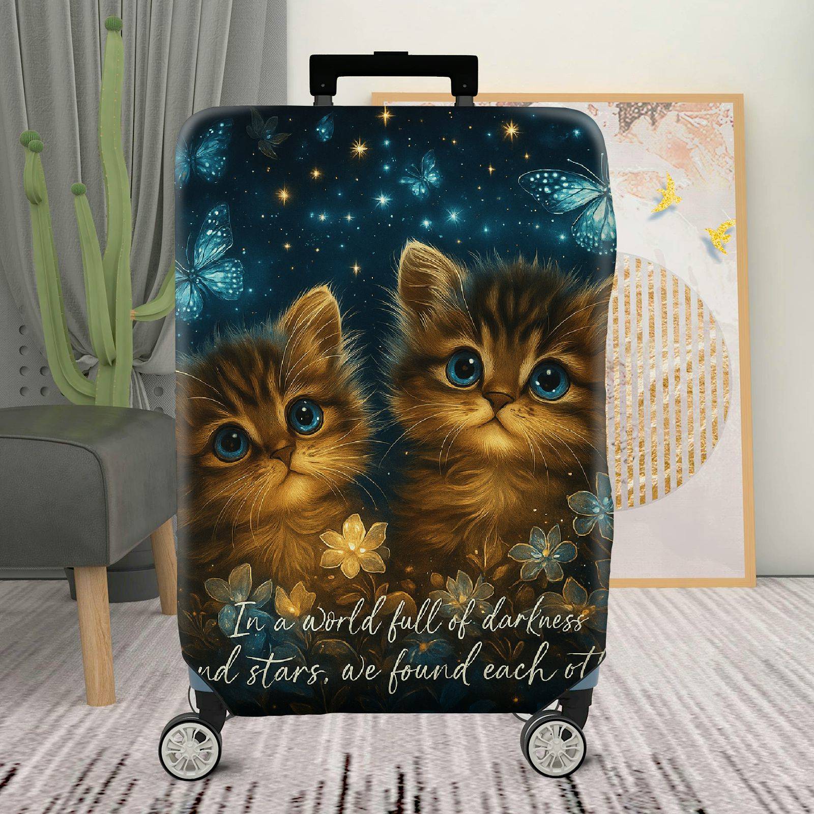 1-Piece Starry Night Cat Butterfly Floral Romantic  Suitcase Luggage Cover, Stretch Protective Sleeve