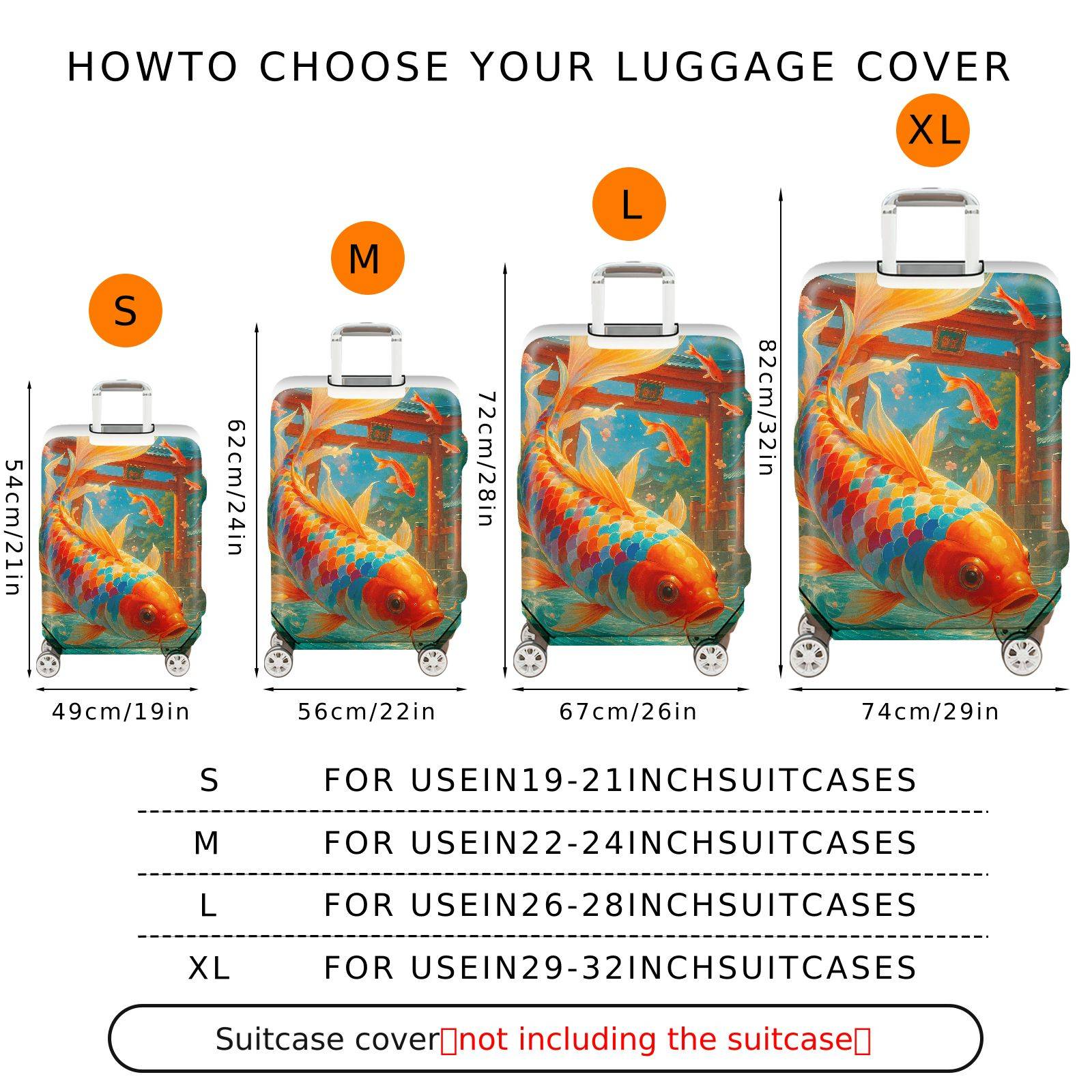 1-Piece Koi Fish Japanese Art Nature Vibrant Floral  Suitcase Luggage Cover, Stretch Protective Sleeve