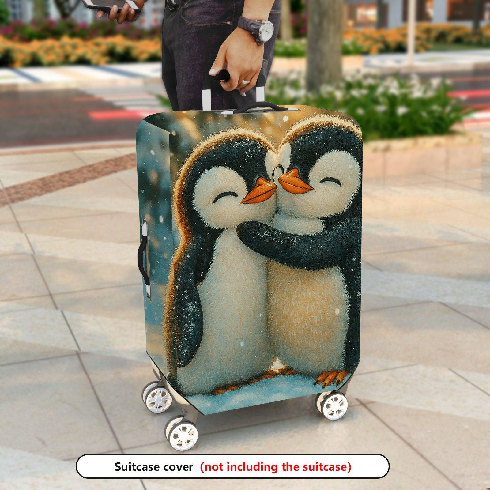 1-Piece Cute Penguin Winter Snow Love Friendship Hug  Suitcase Luggage Cover, Stretch Protective Sleeve