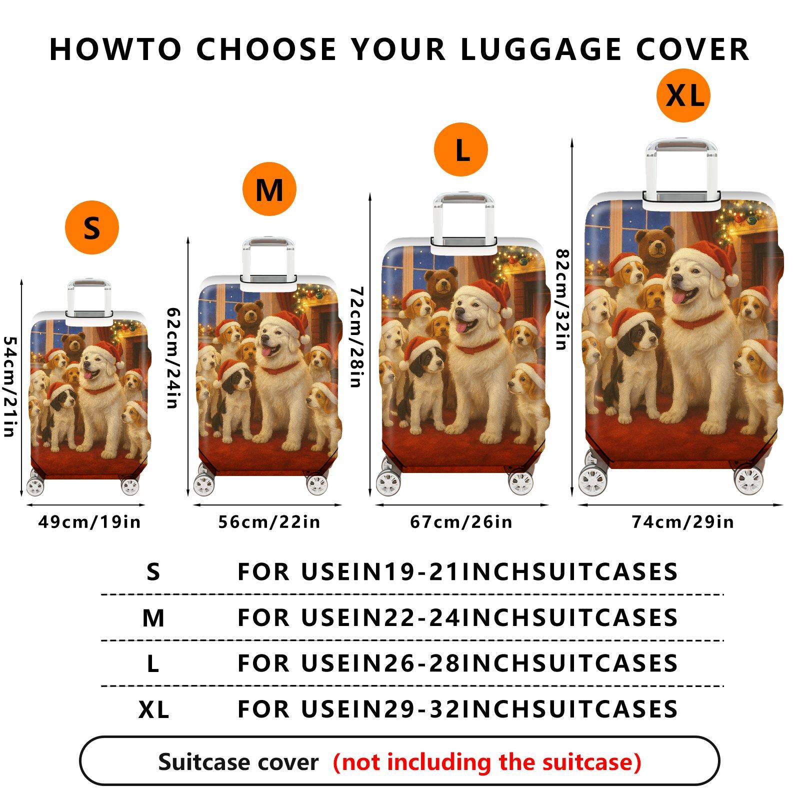 1-Piece Christmas Dog Fireplace Winter Holiday Santa  Suitcase Luggage Cover, Stretch Protective Sleeve