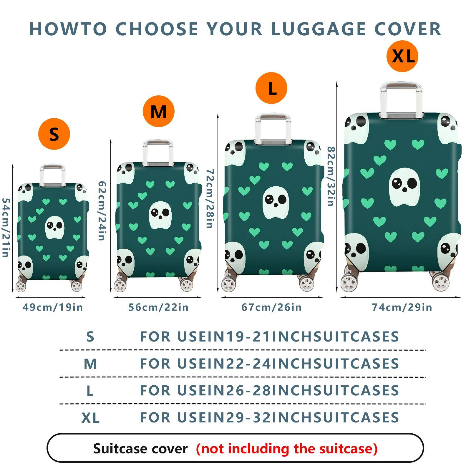 1-Piece Ghost Heart Love Cute Fun Green  Suitcase Luggage Cover, Stretch Protective Sleeve