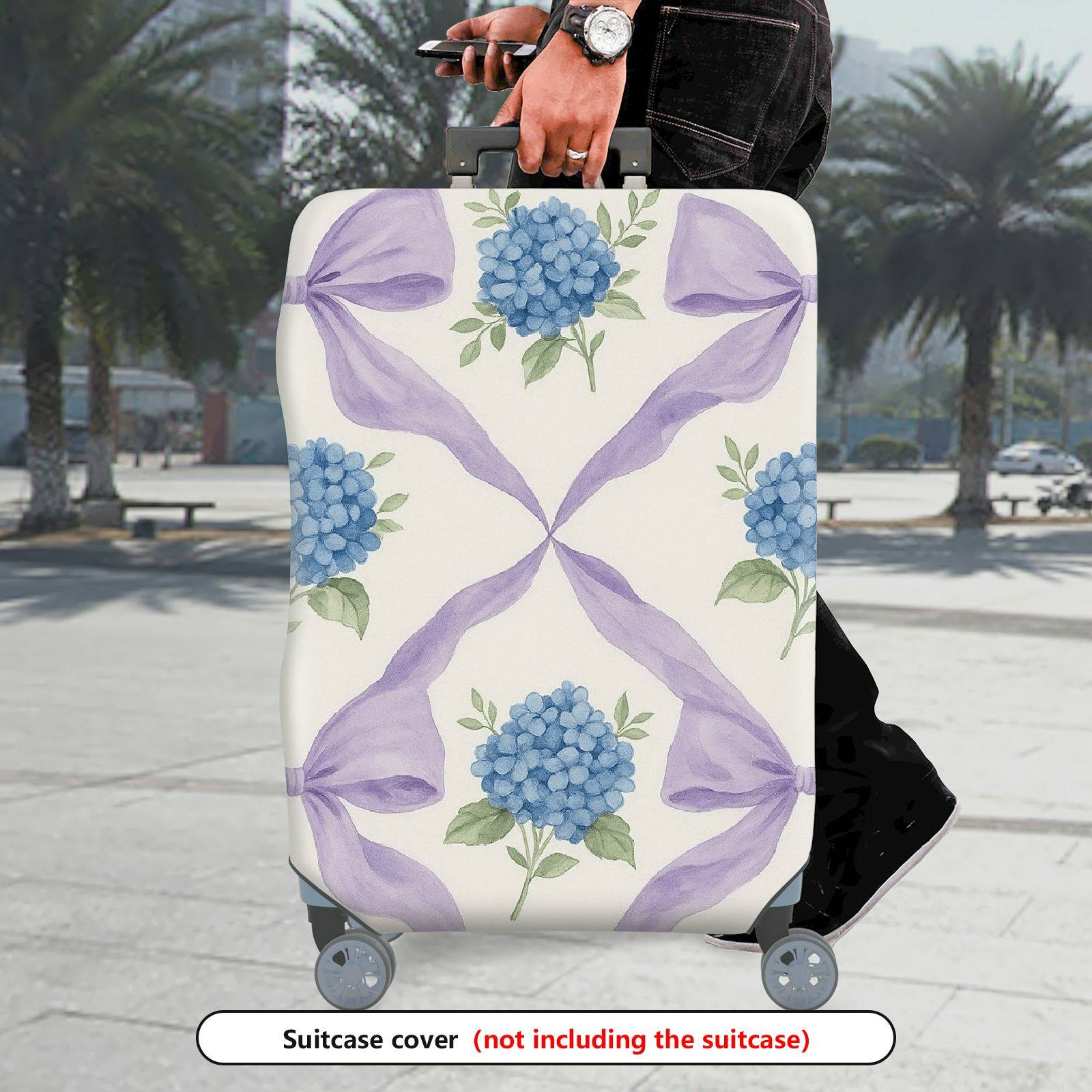 1-Piece Hydrangea Pattern Purple Ribbon Floral Artistic  Suitcase Luggage Cover, Stretch Protective Sleeve