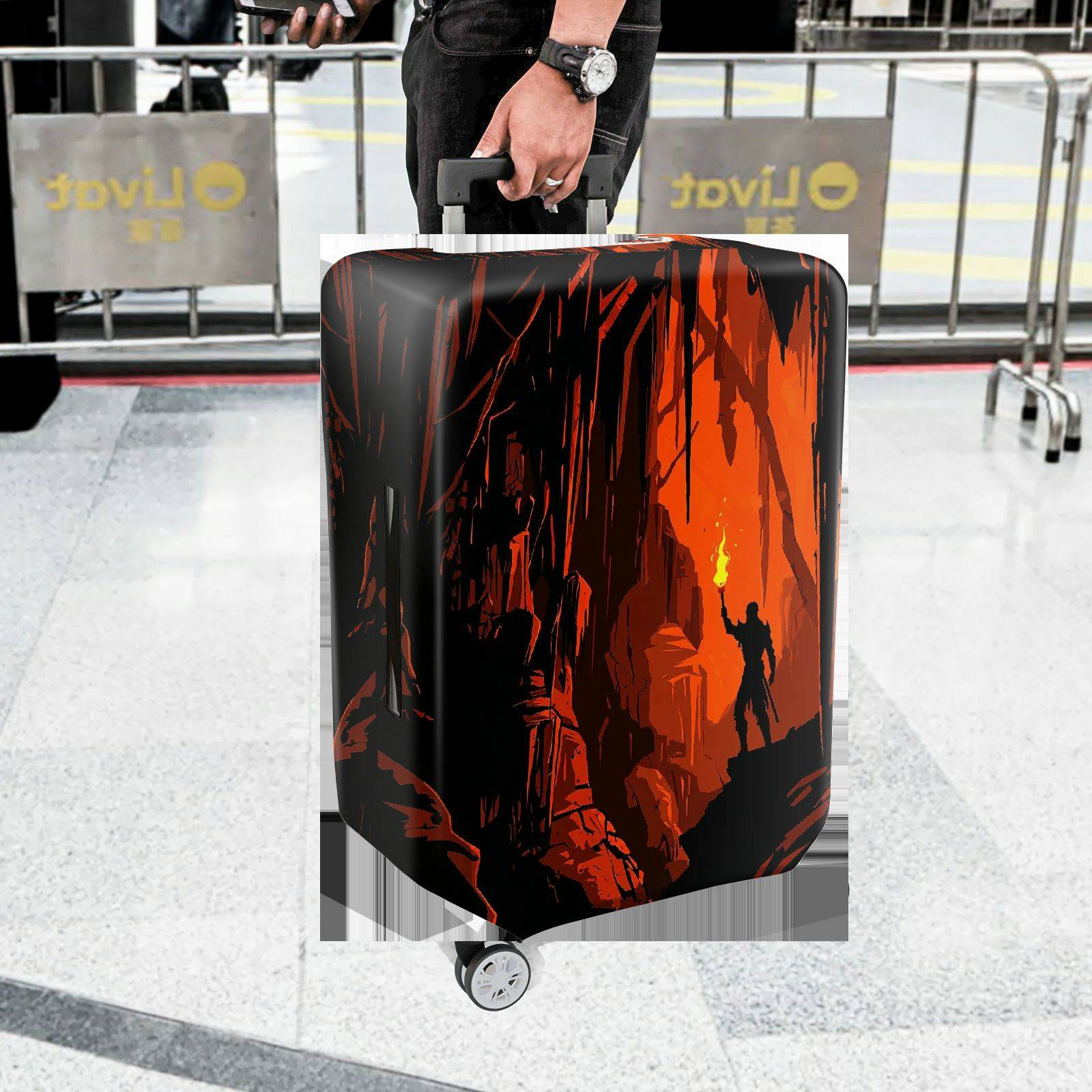 1-Piece Adventure Explorer Silhouette Fire Red Cave  Suitcase Luggage Cover, Stretch Protective Sleeve
