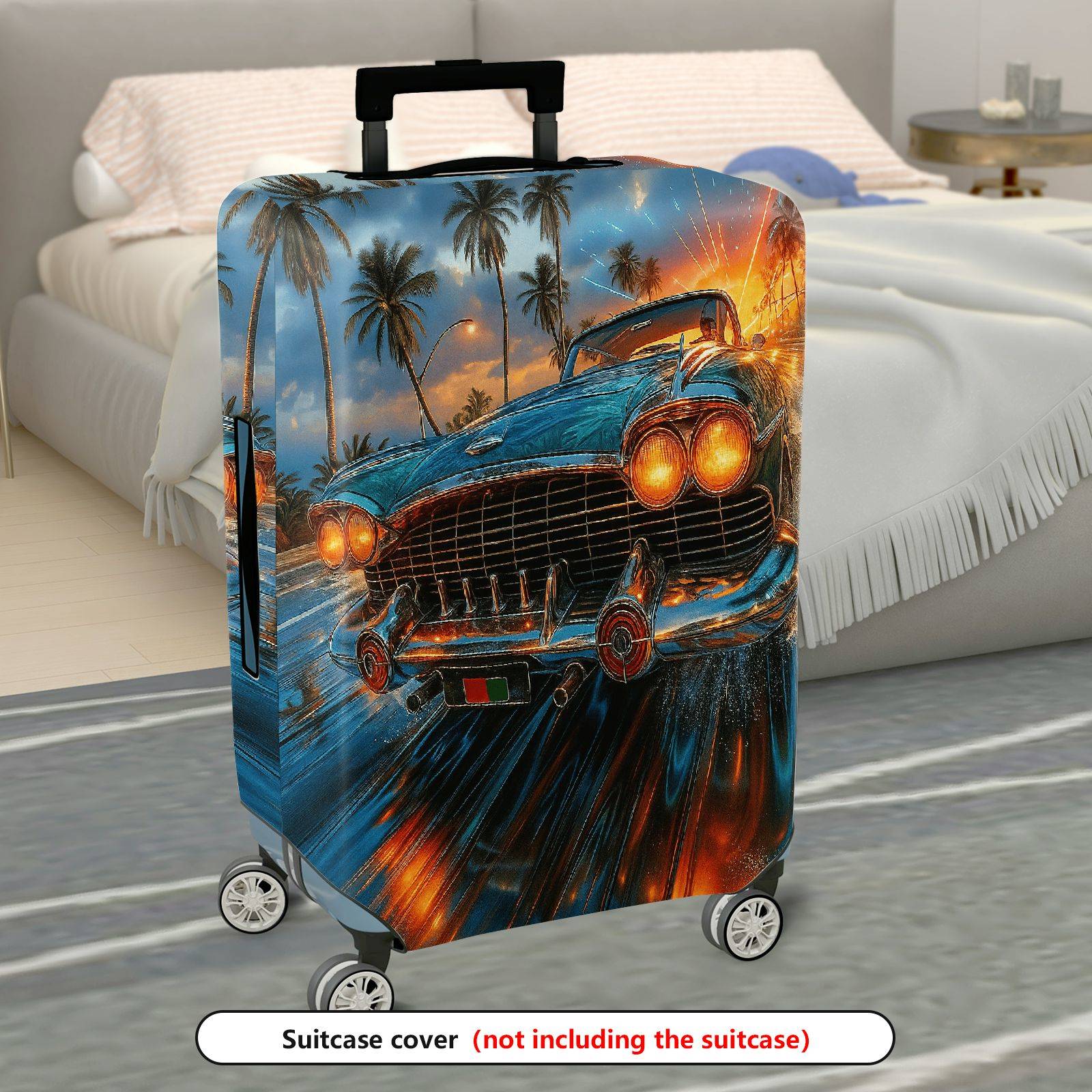 1-Piece Vintage Car Tropical Palm Sunset Fireworks Artistic  Suitcase Luggage Cover, Stretch Protective Sleeve