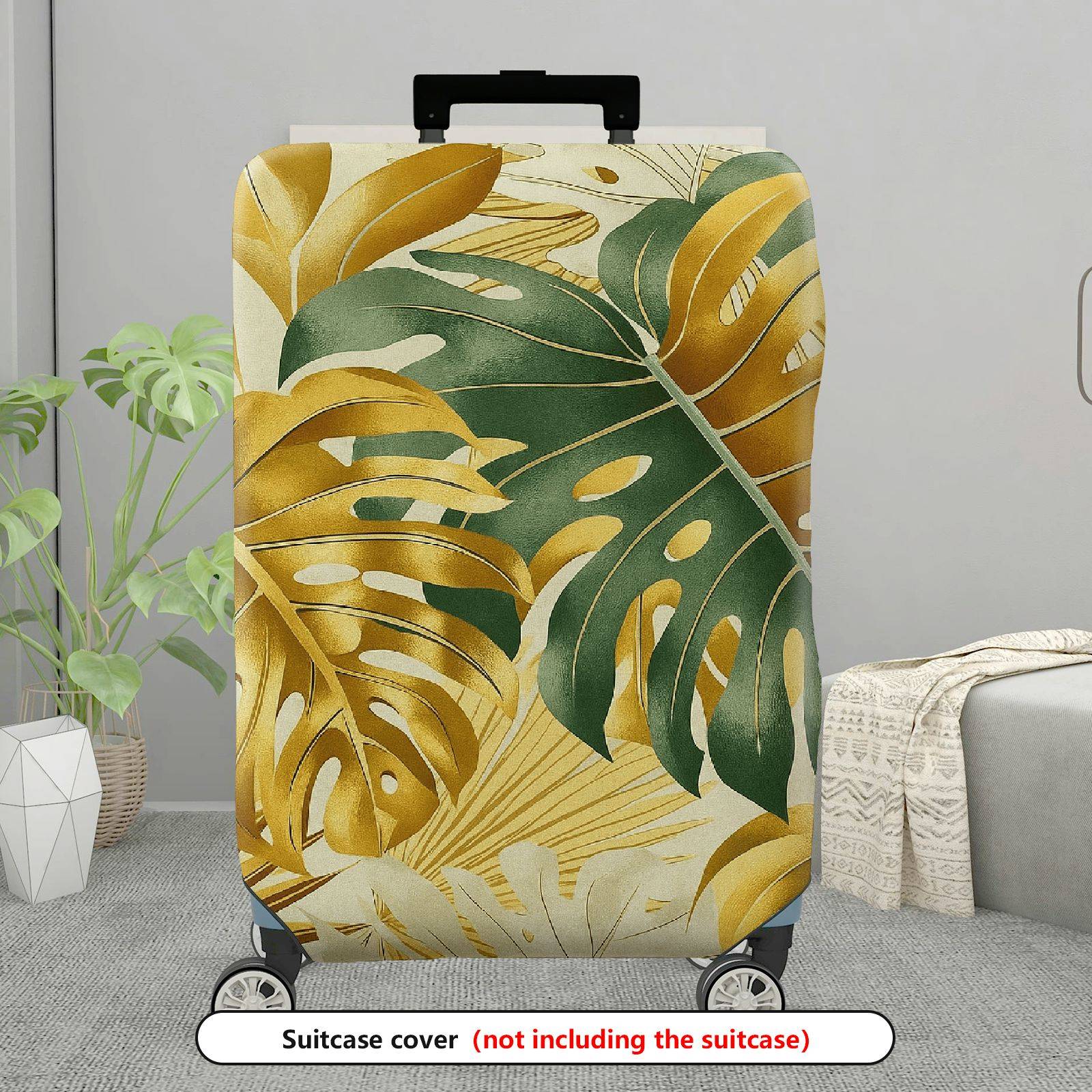 1-Piece Green Gold Tropical Leaf Decorative Exotic Artistic  Suitcase Luggage Cover, Stretch Protective Sleeve