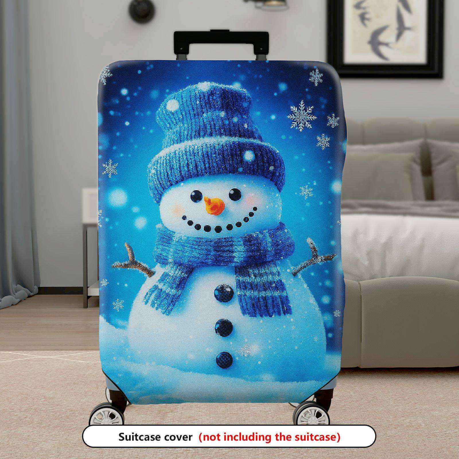 1-Piece Snowman Winter Blue Christmas Holiday Festive  Suitcase Luggage Cover, Stretch Protective Sleeve