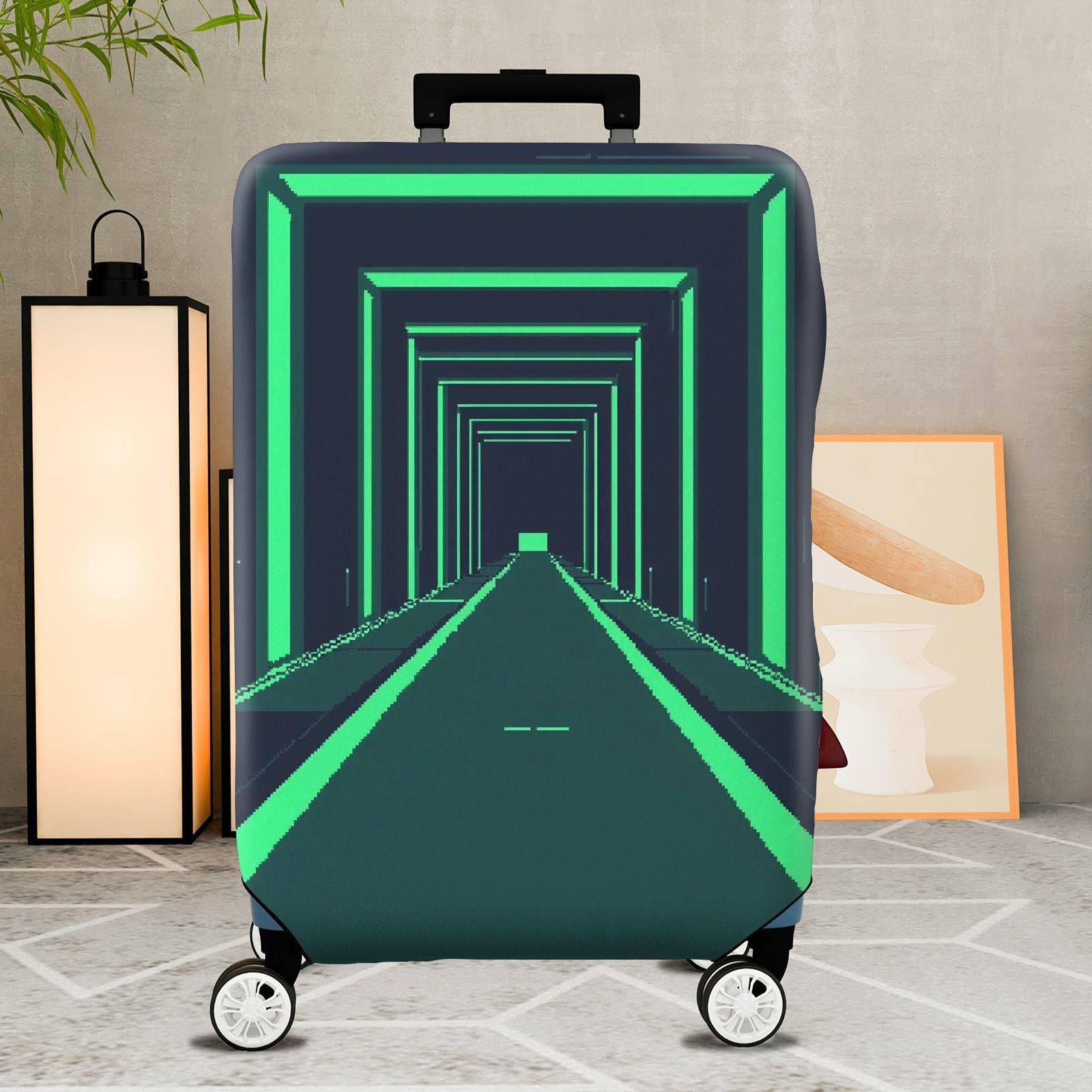 1-Piece Geometric  Futuristic Tunnel Dark Blue Green  Suitcase Luggage Cover, Stretch Protective Sleeve