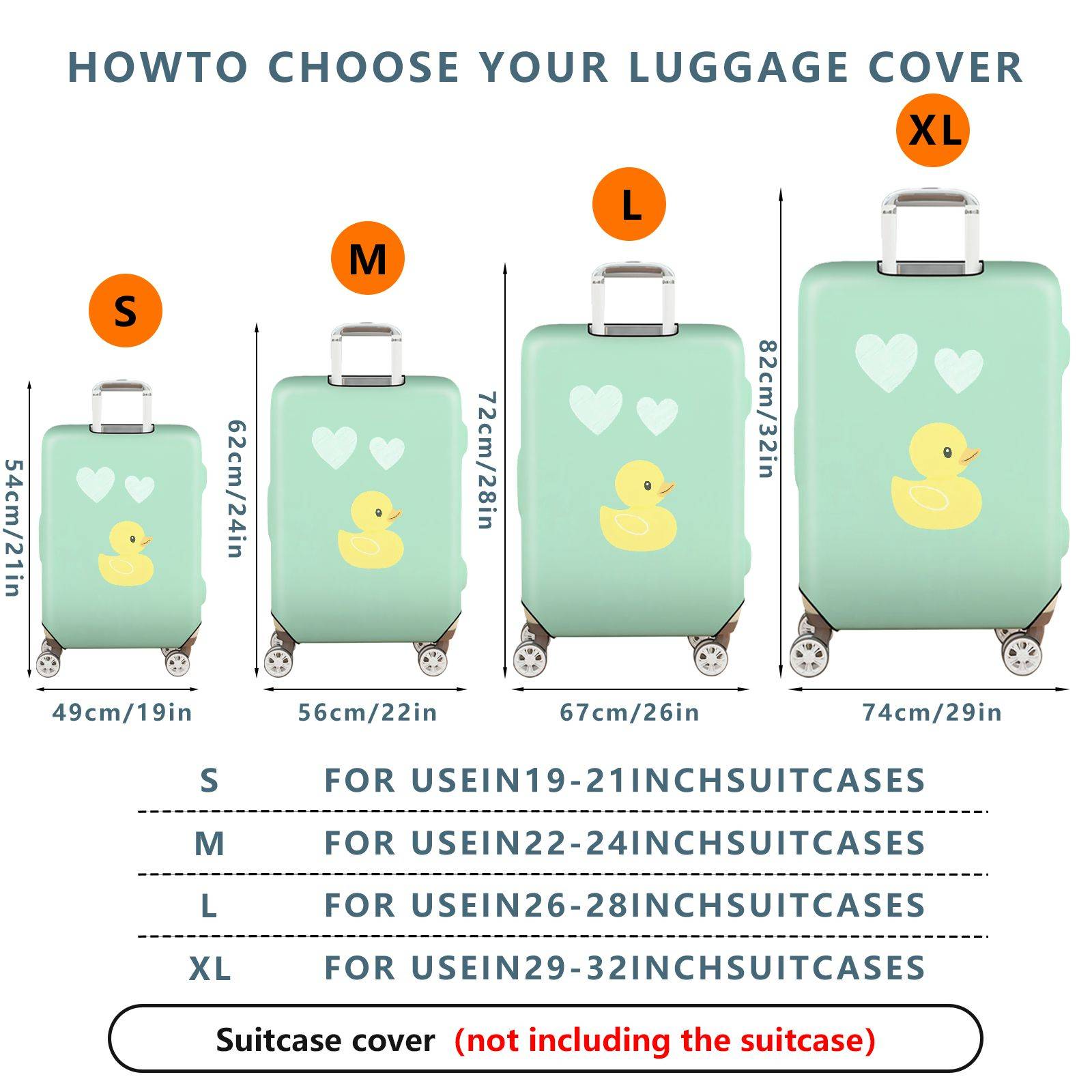 1-Piece Cute Duck Heart Mint Green Decorative Fun Unique Playful  Suitcase Luggage Cover, Stretch Protective Sleeve