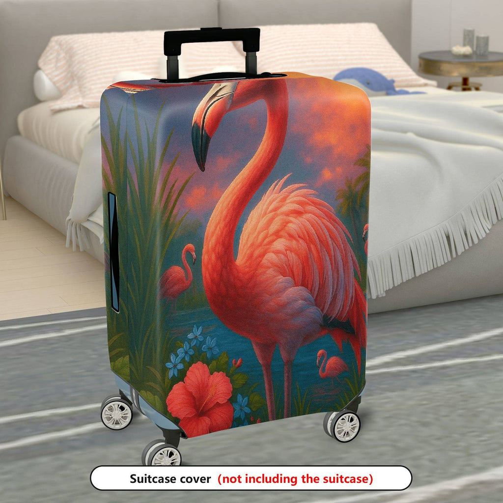 1-Piece Tropical Flamingo Sunset Landscape Hibiscus  Suitcase Luggage Cover, Stretch Protective Sleeve