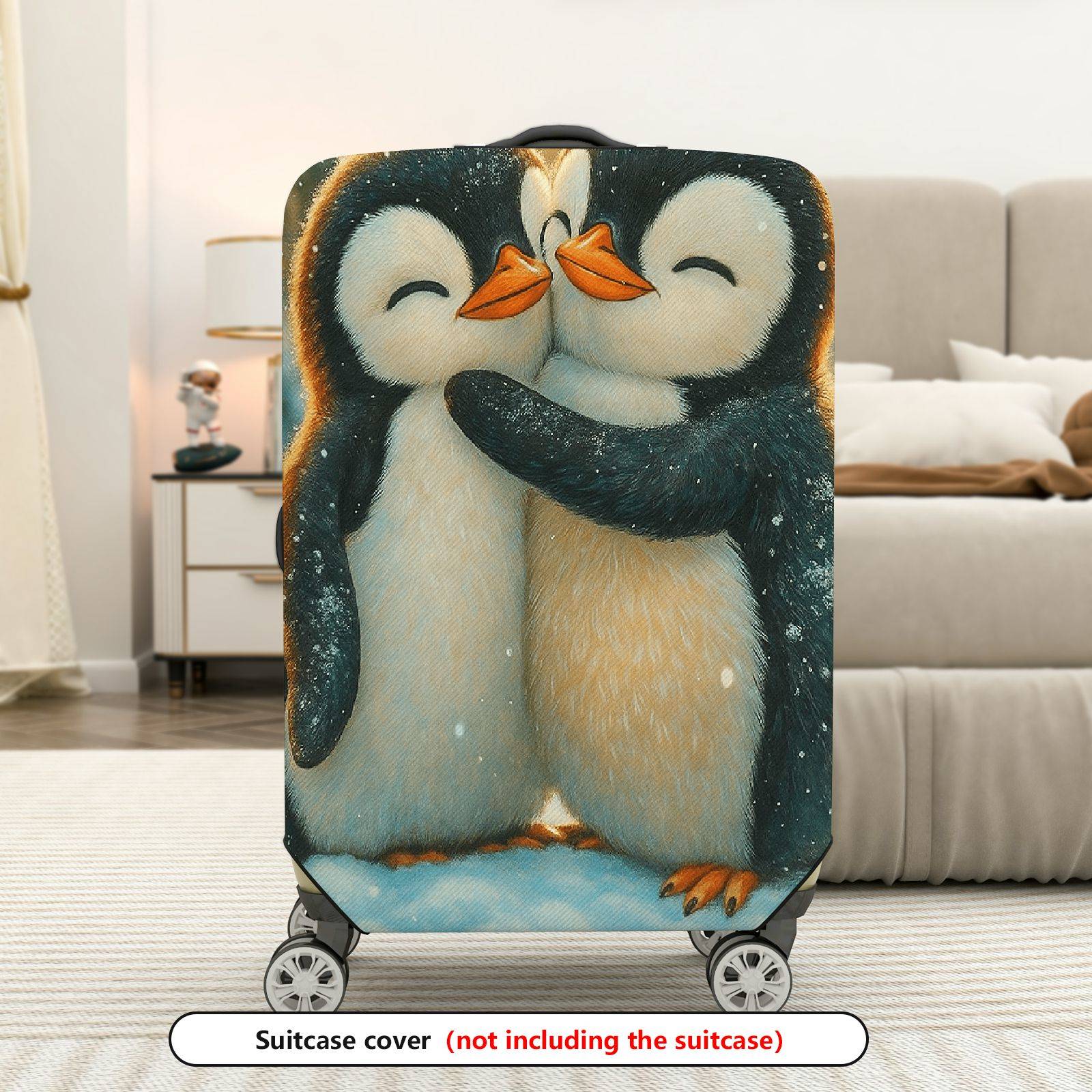 1-Piece Cute Penguin Winter Snow Love Friendship Hug  Suitcase Luggage Cover, Stretch Protective Sleeve