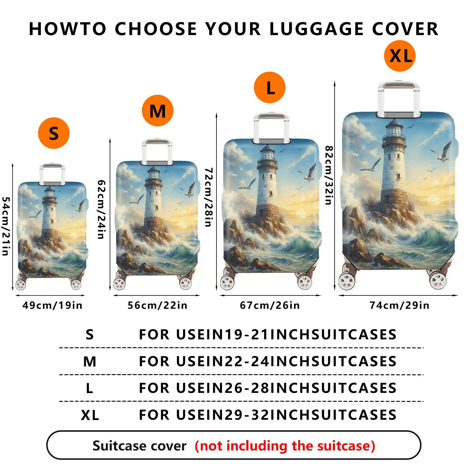 1-Piece Lighthouse Ocean Waves Seagulls Sunset Landscape  Suitcase Luggage Cover, Stretch Protective Sleeve