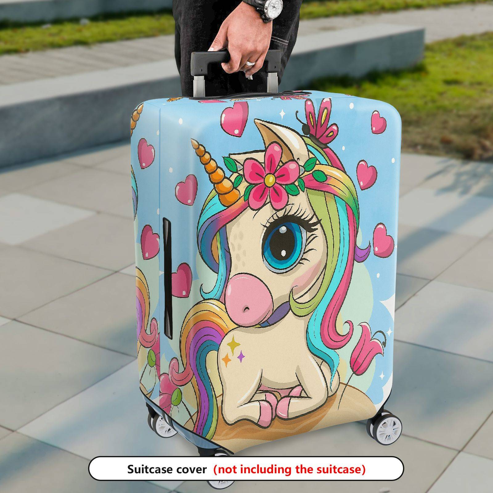 1-Piece Cute Colorful Unicorn Floral Heart Fantasy Rainbow  Suitcase Luggage Cover, Stretch Protective Sleeve