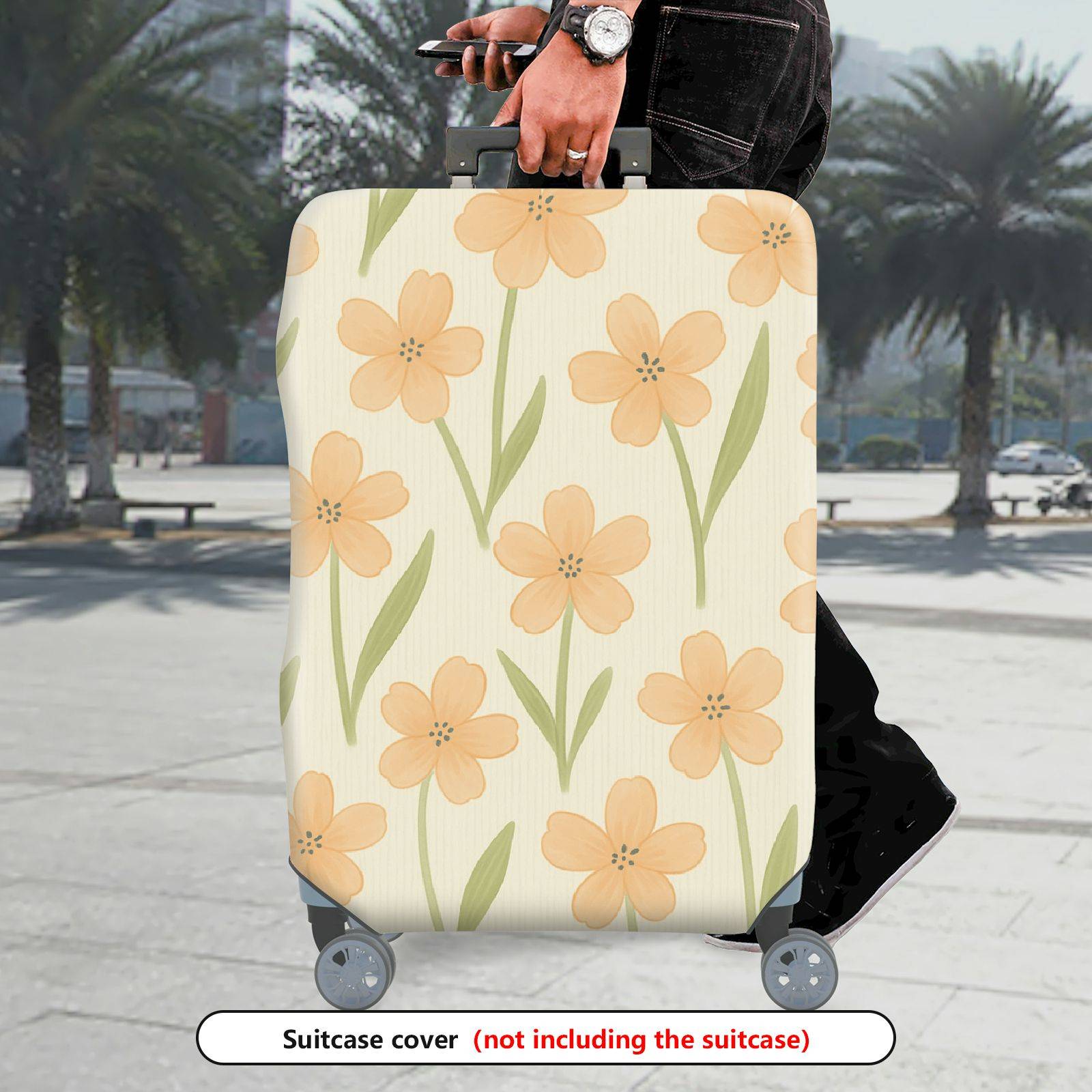 1-Piece Floral Botanical Beige Green Pastel Spring  Suitcase Luggage Cover, Stretch Protective Sleeve