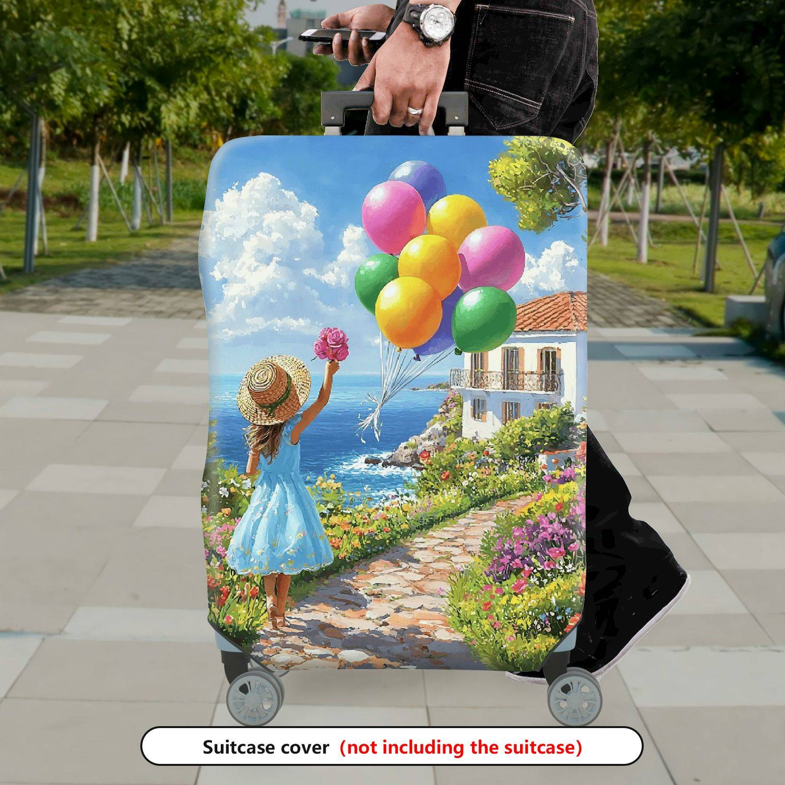 1-Piece Scenic Floral Balloon Girl Path Seaside  Suitcase Luggage Cover, Stretch Protective Sleeve