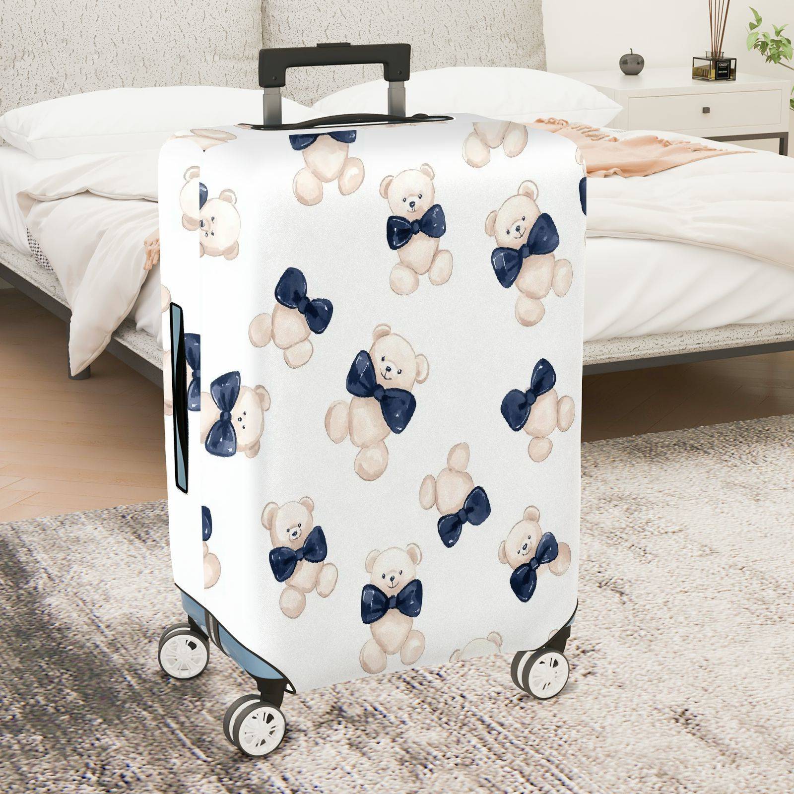 1-Piece Cute Teddy Bear Blue Bow Tie  Fun Playful  Suitcase Luggage Cover, Stretch Protective Sleeve