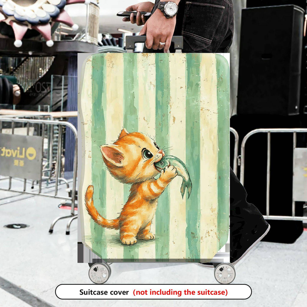 1-Piece Cute Orange Kitten Holding Fish Striped Pattern  Suitcase Luggage Cover, Stretch Protective Sleeve