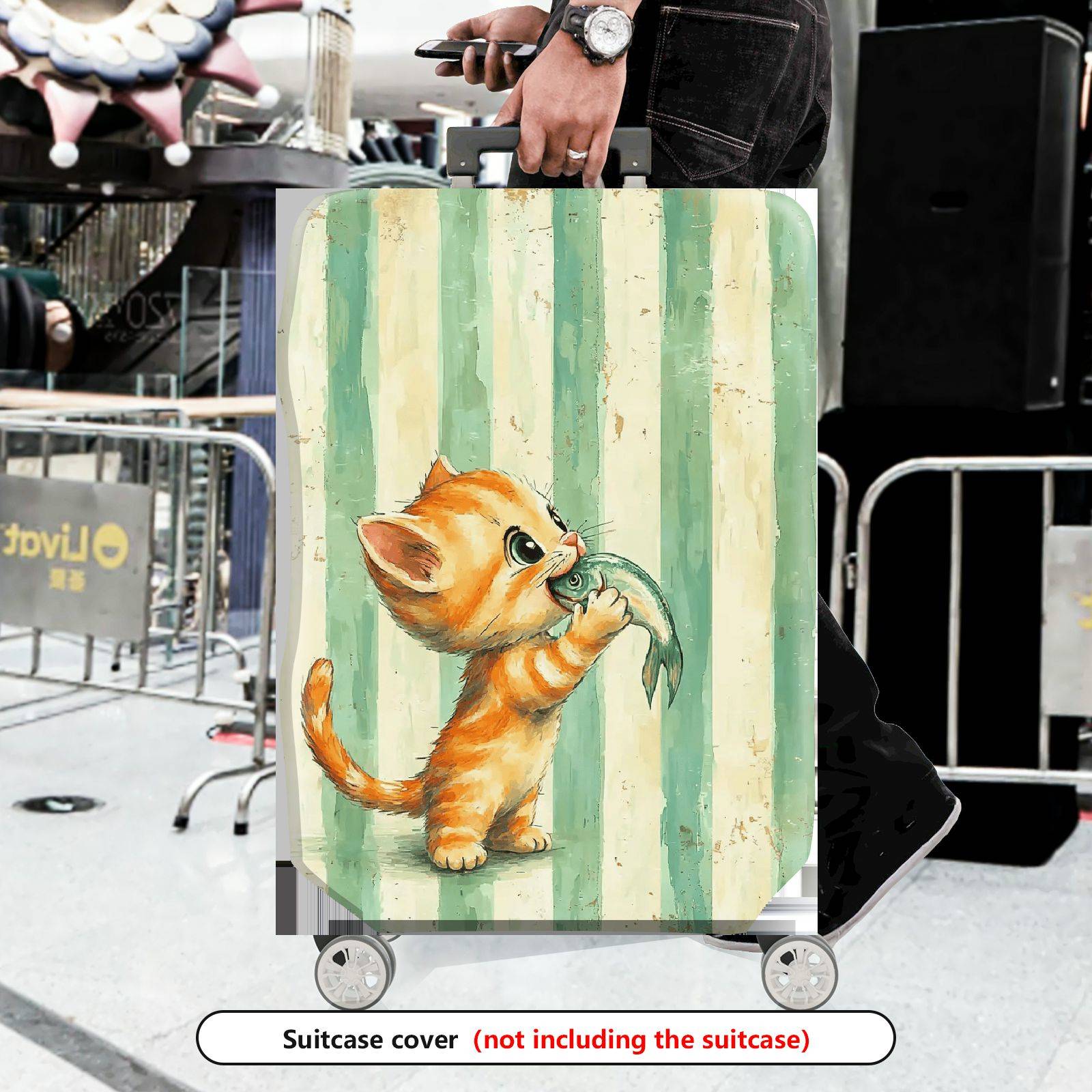 1-Piece Cute Orange Kitten Holding Fish Striped Pattern  Suitcase Luggage Cover, Stretch Protective Sleeve