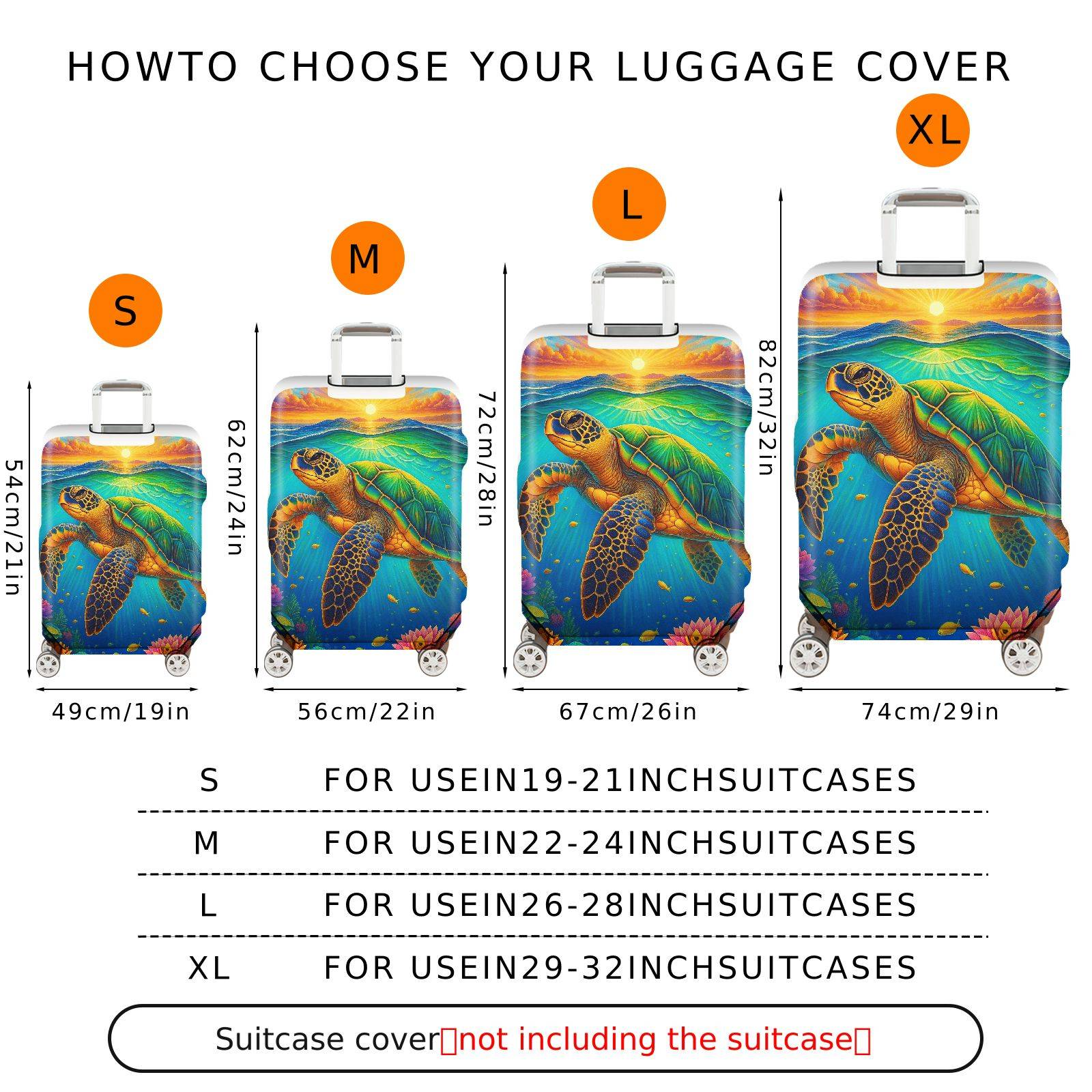 1-Piece Ocean Turtle Sunrise Floral Nature Travel  Suitcase Luggage Cover, Stretch Protective Sleeve