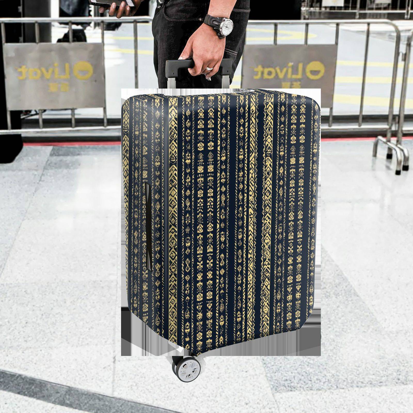 1-Piece Elegant Geometric Pattern Vertical Stripes Blue Gold  Suitcase Luggage Cover, Stretch Protective Sleeve