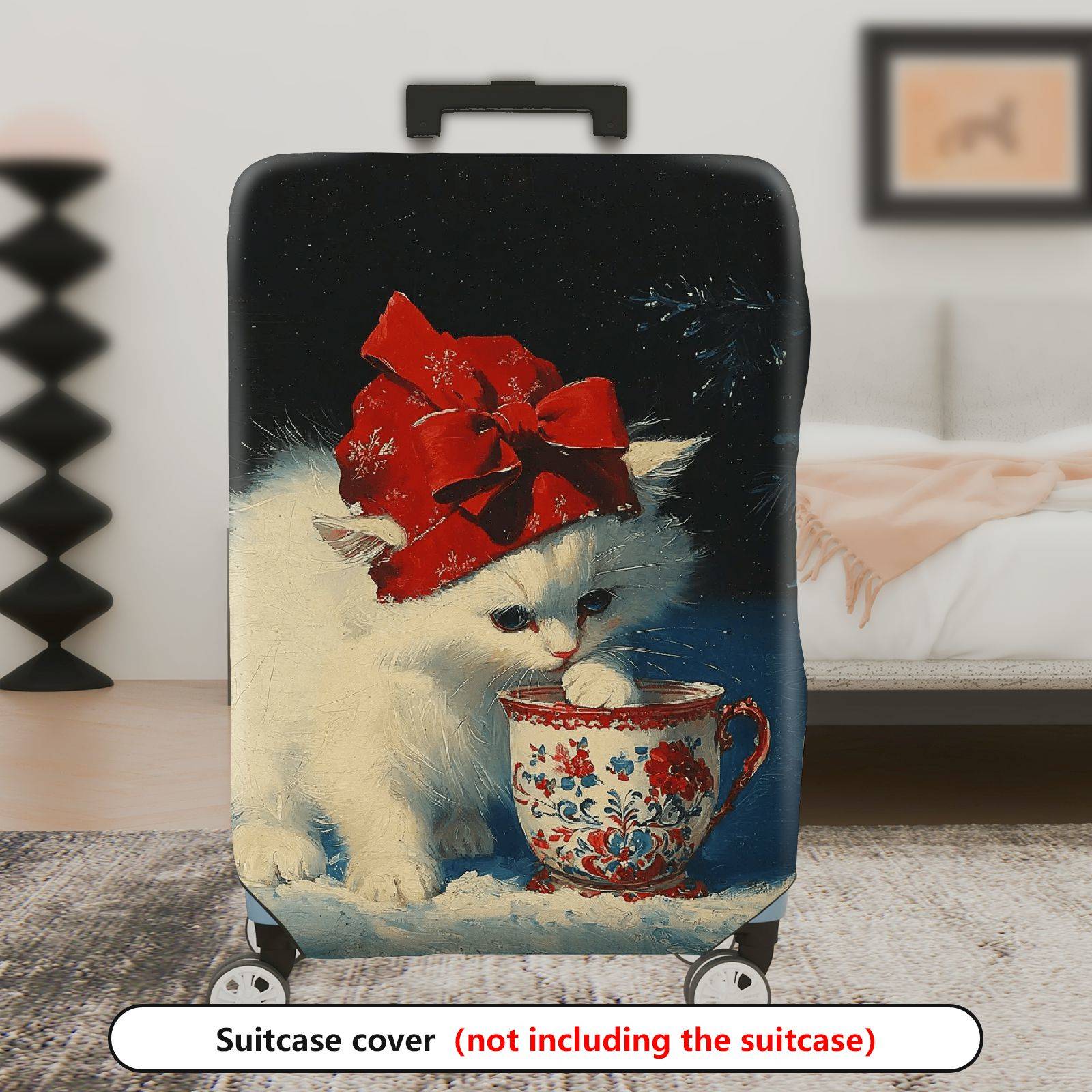 1-Piece Cute Christmas Winter Cat Red Hat Christmas Mug  Suitcase Luggage Cover, Stretch Protective Sleeve