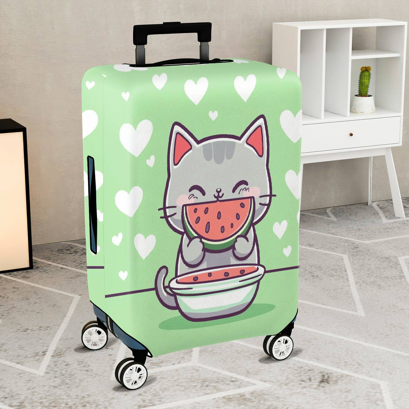 1-Piece Cute Cat Watermelon Heart Green Fun  Suitcase Luggage Cover, Stretch Protective Sleeve