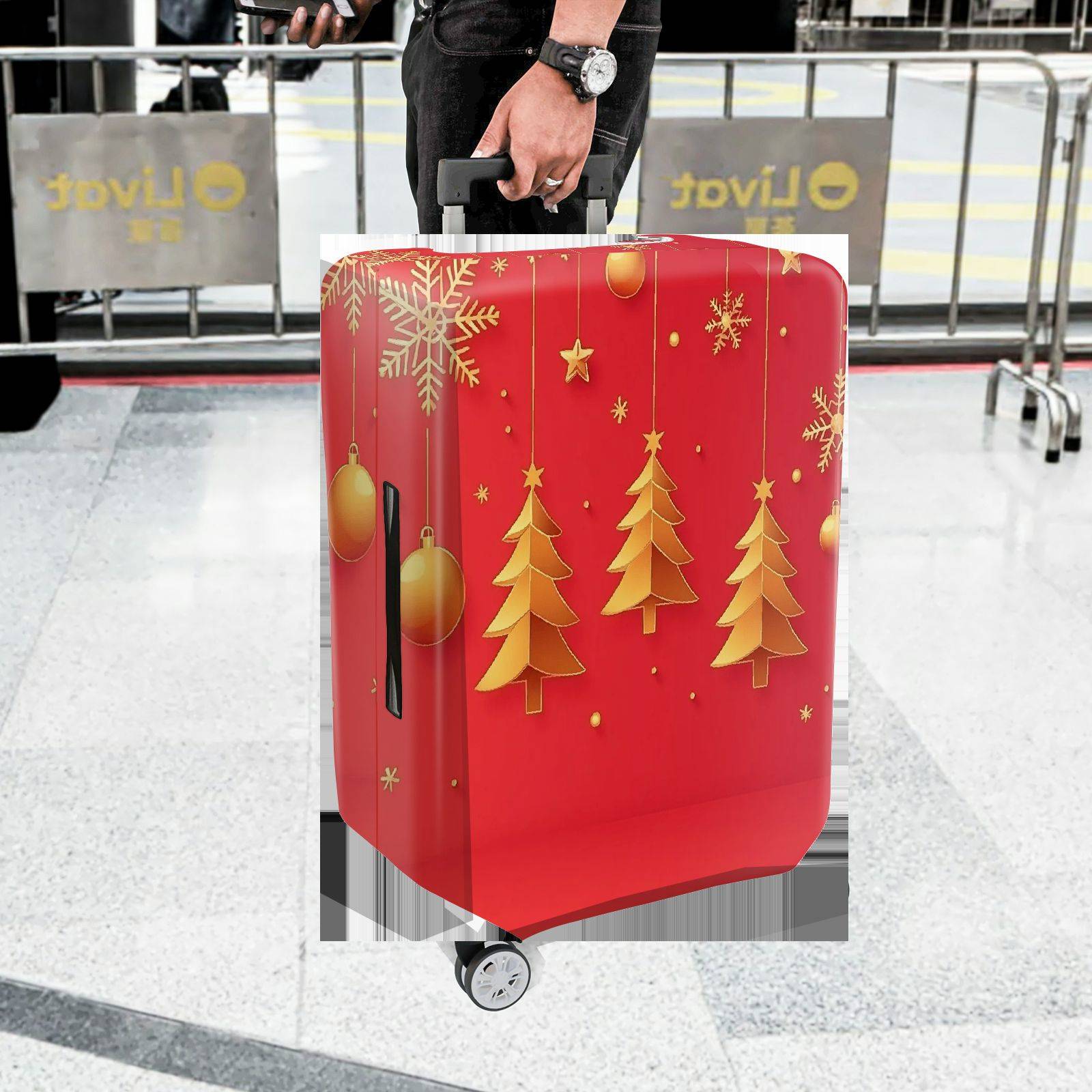 1-Piece Red Gold Christmas Tree Snowflake Ornament Holiday  Suitcase Luggage Cover, Stretch Protective Sleeve