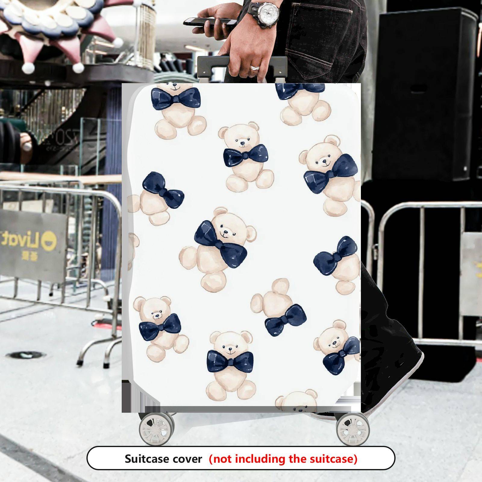 1-Piece Cute Teddy Bear Blue Bow Tie  Fun Playful  Suitcase Luggage Cover, Stretch Protective Sleeve