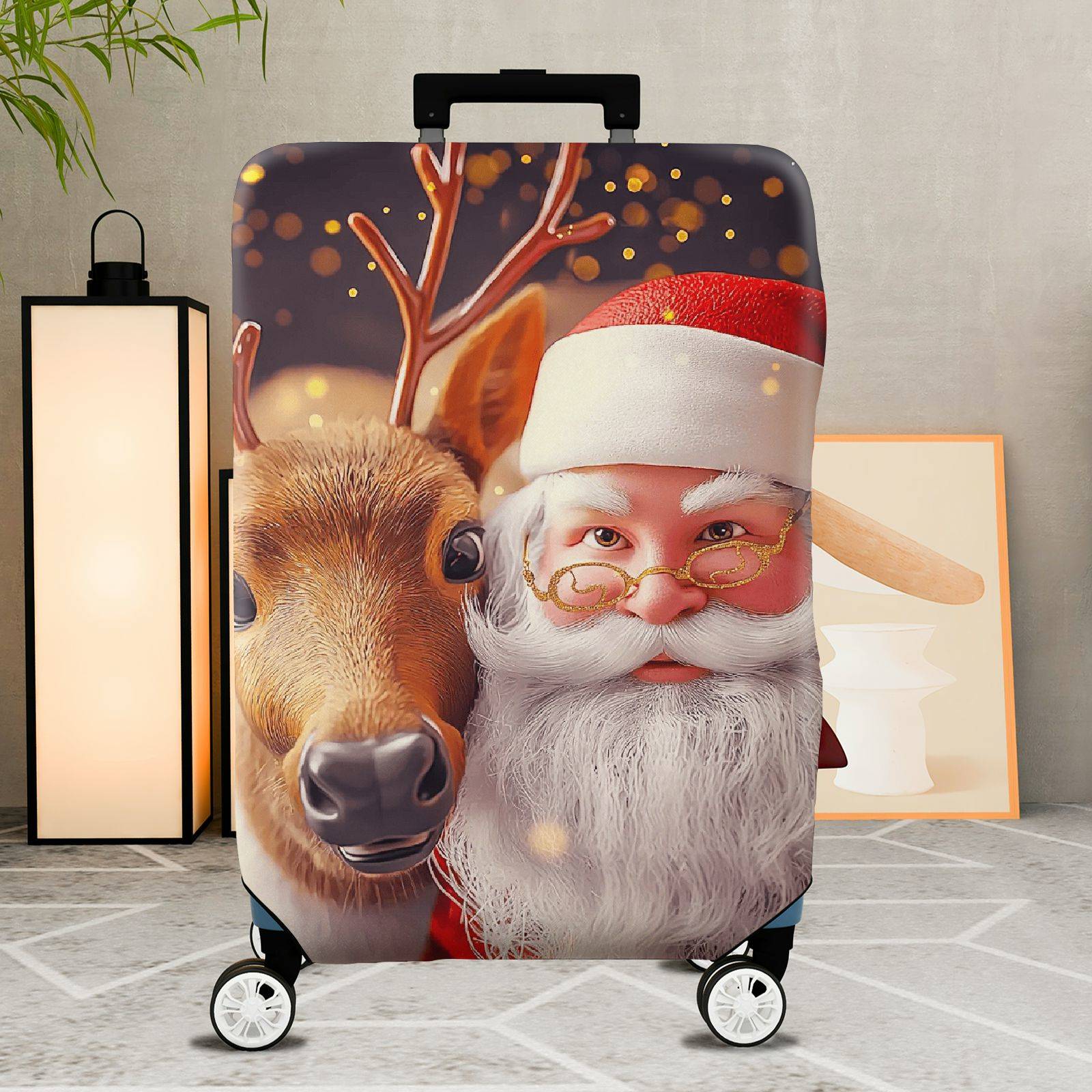 1-Piece Reindeer Santa Claus Christmas Holiday Festive  Suitcase Luggage Cover, Stretch Protective Sleeve