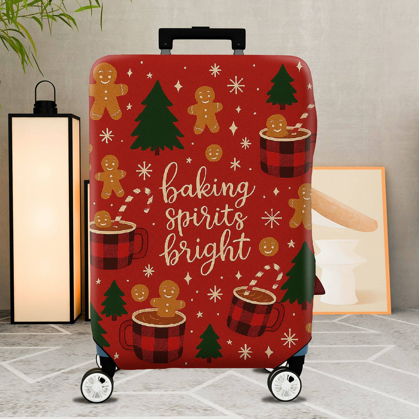 1-Piece Christmas Holiday Winter Gingerbread Coffee Tree  Suitcase Luggage Cover, Stretch Protective Sleeve