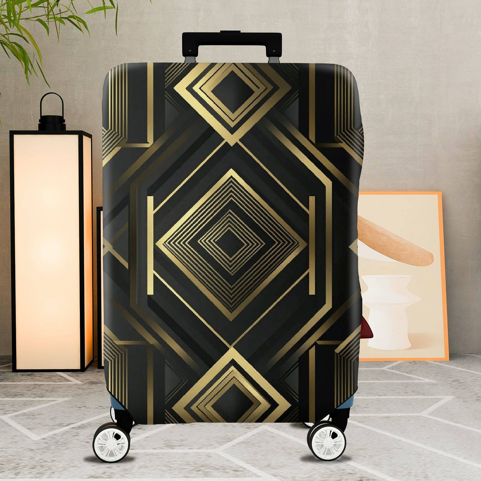 1-Piece Geometric Black Gold Diamond Pattern Abstract Modern Elegant  Suitcase Luggage Cover, Stretch Protective Sleeve