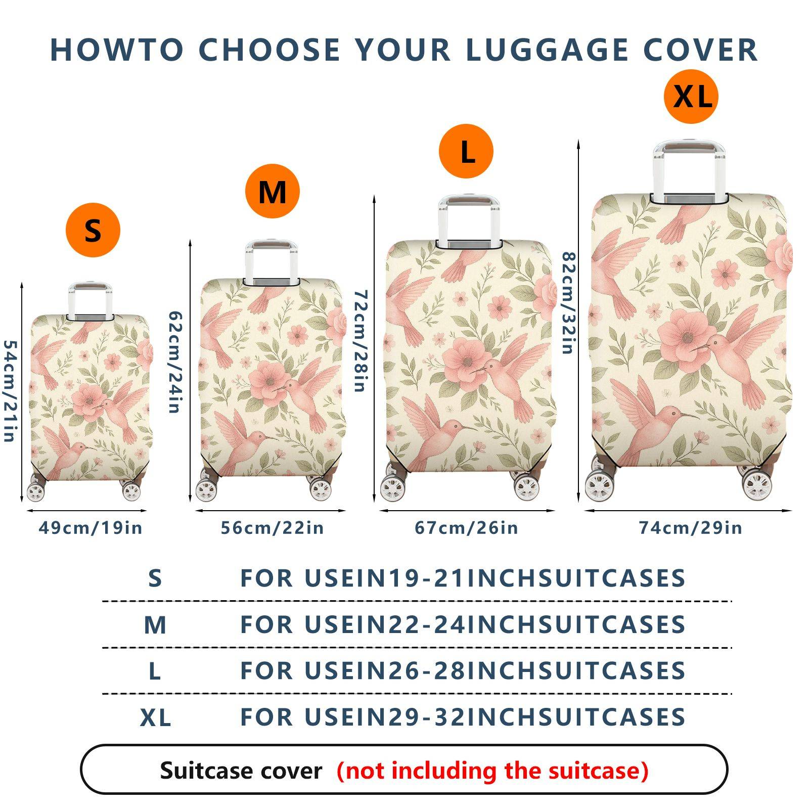 1-Piece Hummingbird Floral Nature Art Elegant  Suitcase Luggage Cover, Stretch Protective Sleeve