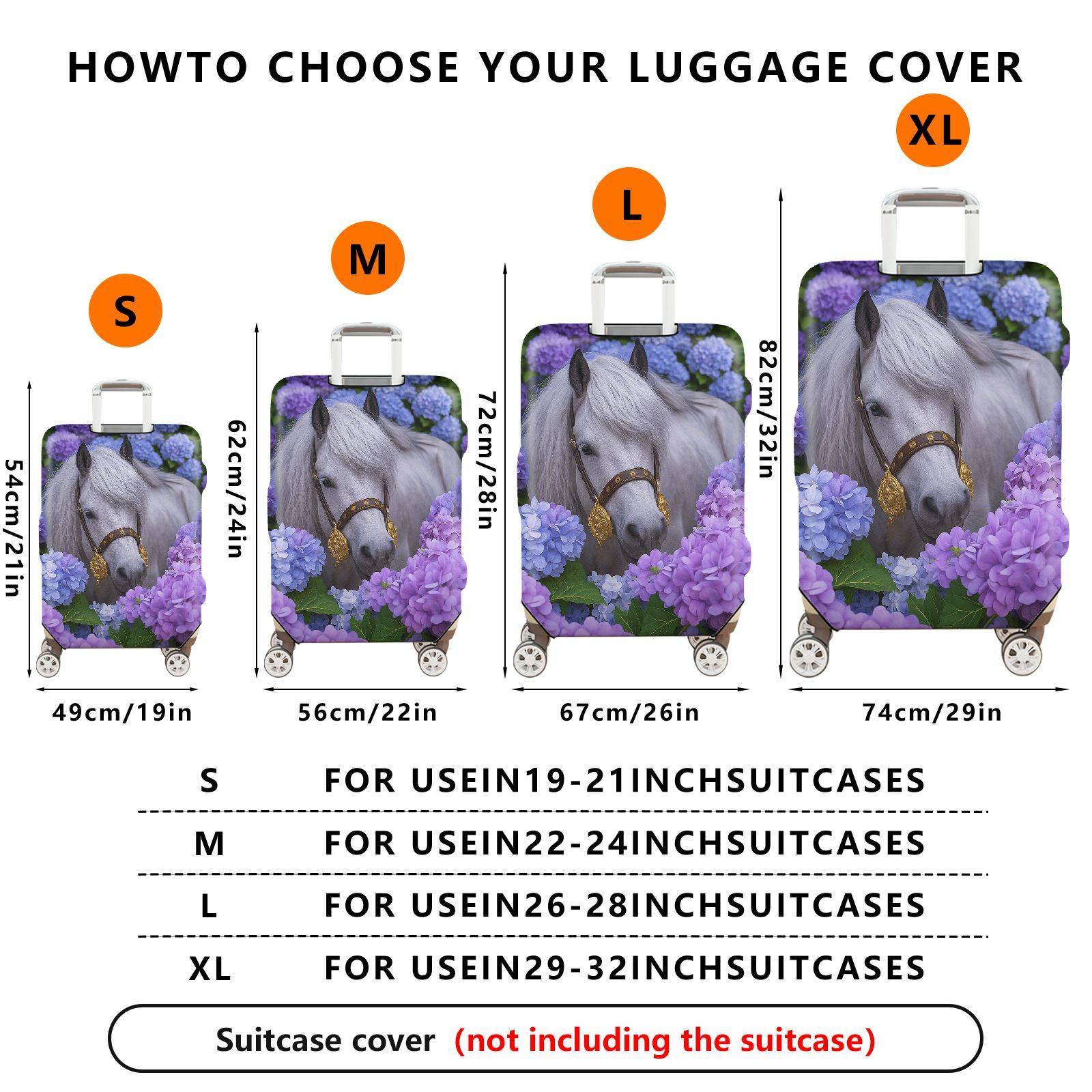 1-Piece Horse Floral Purple Blue  Suitcase Luggage Cover, Stretch Protective Sleeve