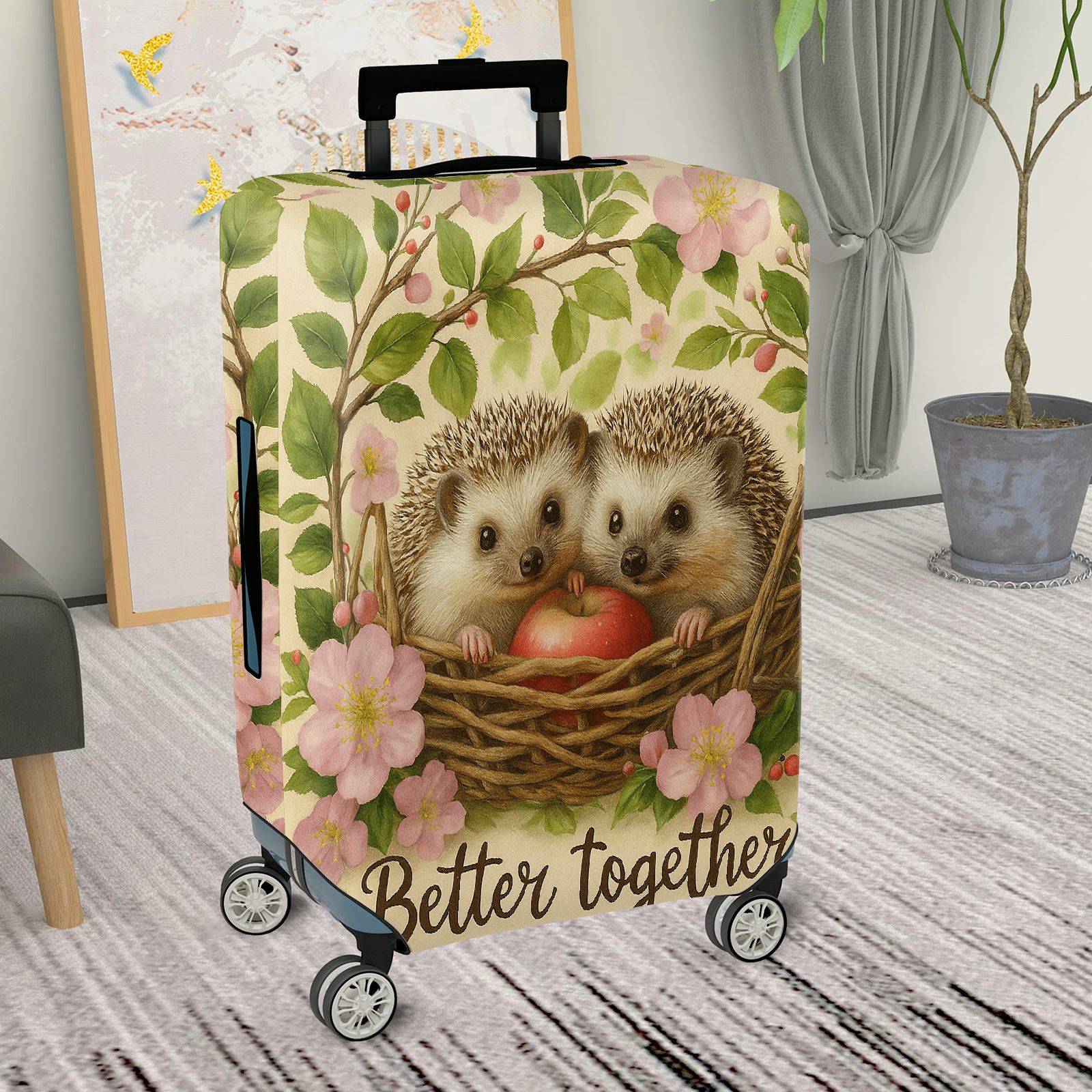 1-Piece Hedgehog Apple Floral Basket Love Cute  Suitcase Luggage Cover, Stretch Protective Sleeve