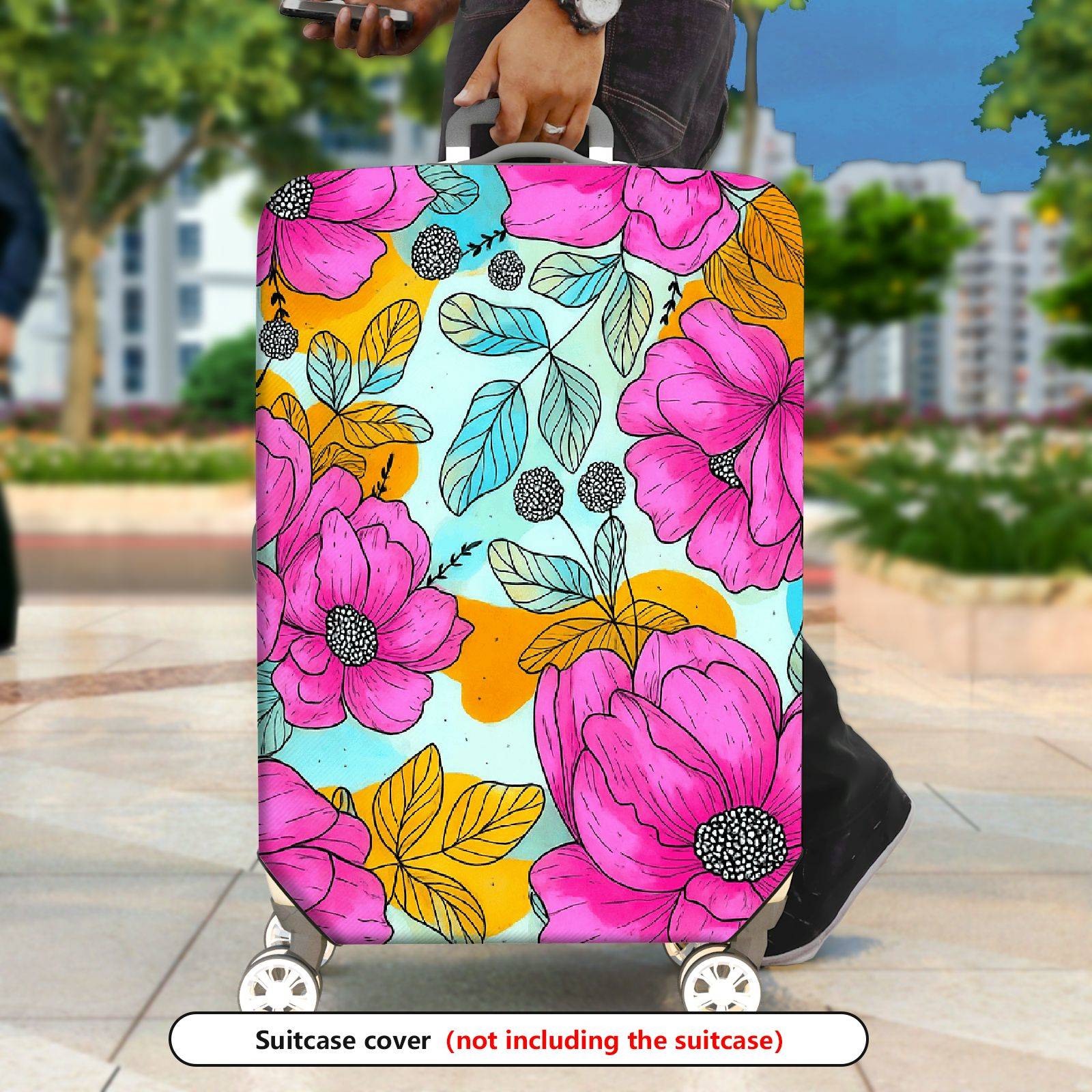 1-Piece Floral Pink Orange Blue Leaf Berry  Suitcase Luggage Cover, Stretch Protective Sleeve