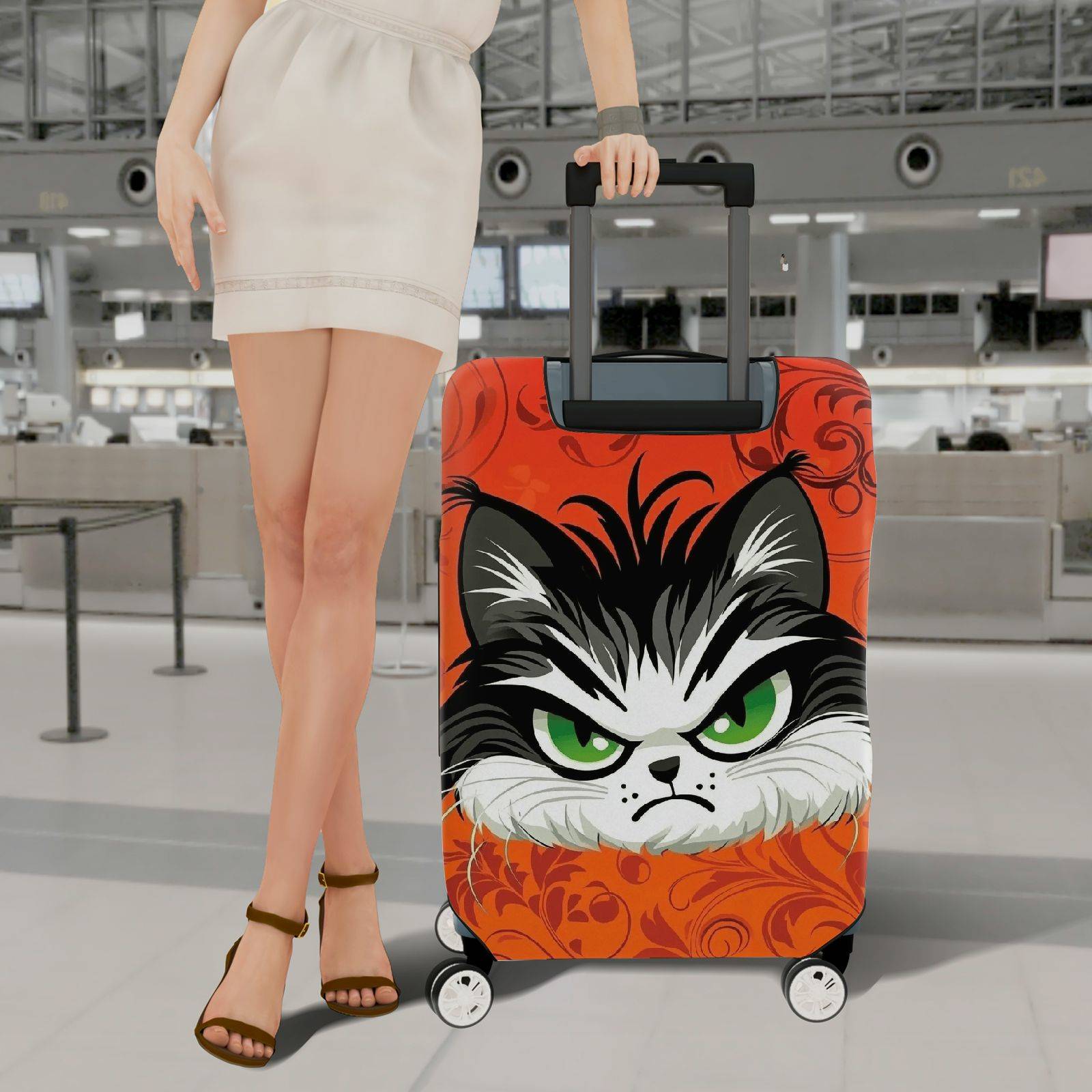1-Piece Angry Cat  Orange Animal Art Floral  Suitcase Luggage Cover, Stretch Protective Sleeve
