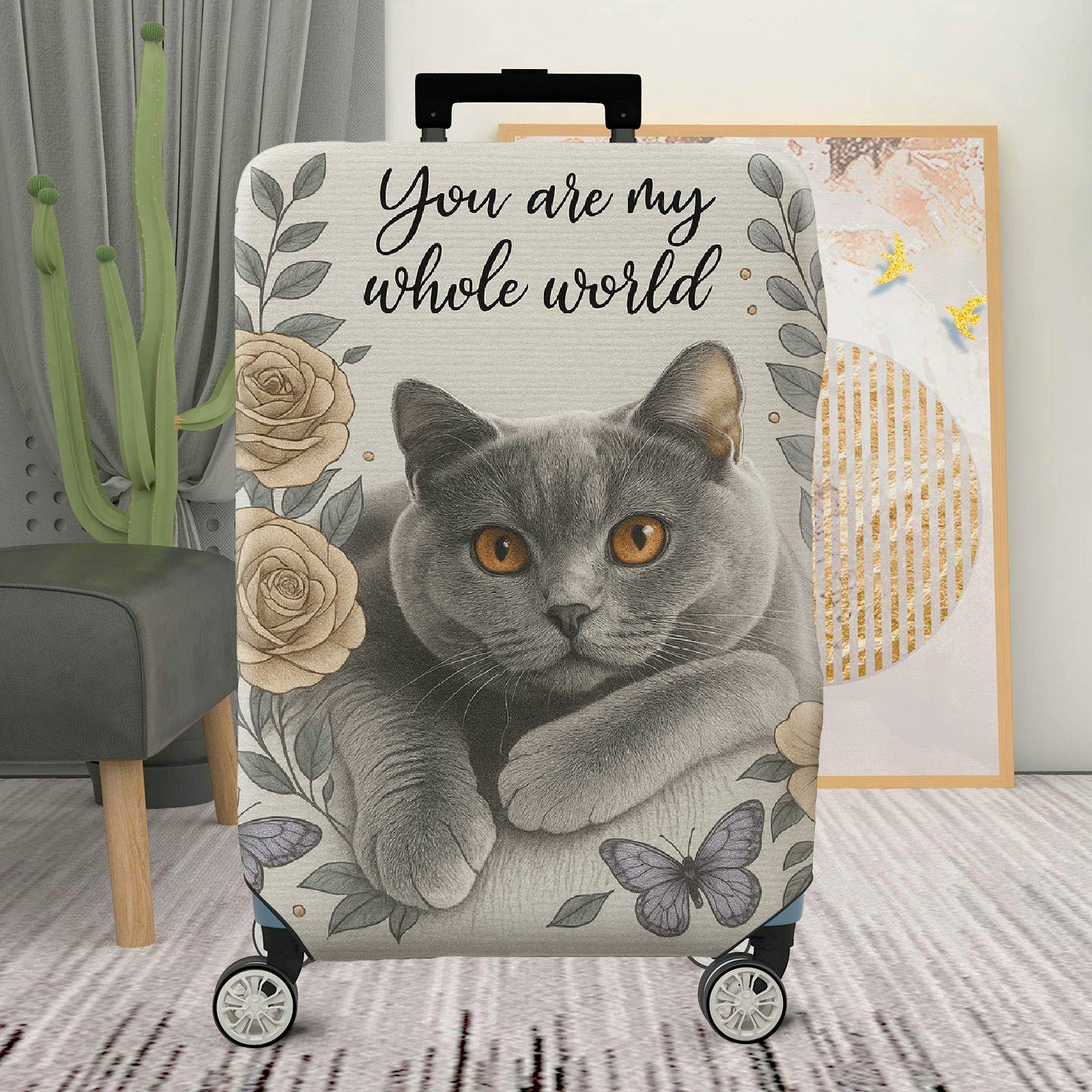 1-Piece Floral Cat Rose Butterfly Artistic  Suitcase Luggage Cover, Stretch Protective Sleeve